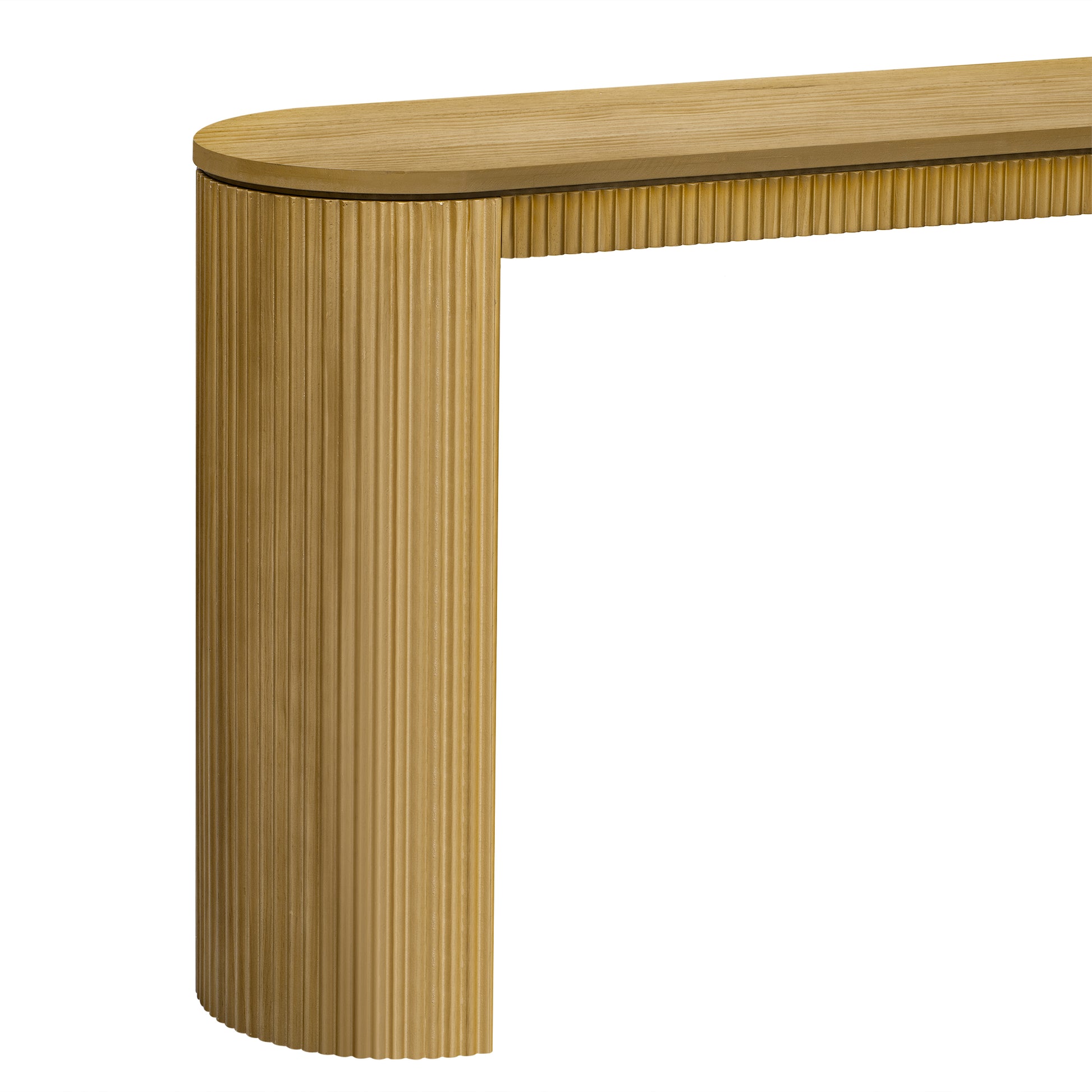 A fluted column console table with a natural wood top and brass finish