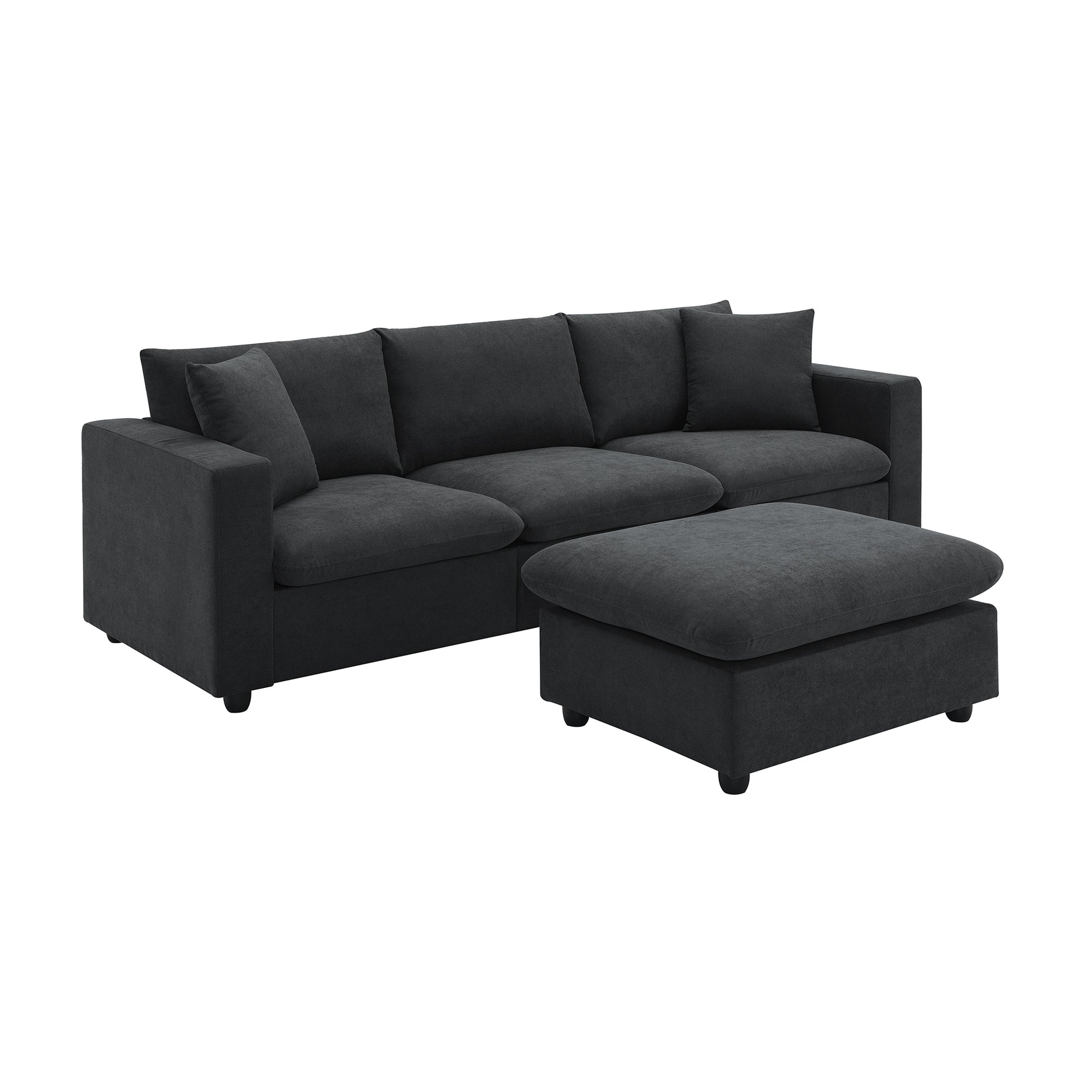 Dark gray sectional sofa with plush cushions and matching ottoman perfect for modern living rooms