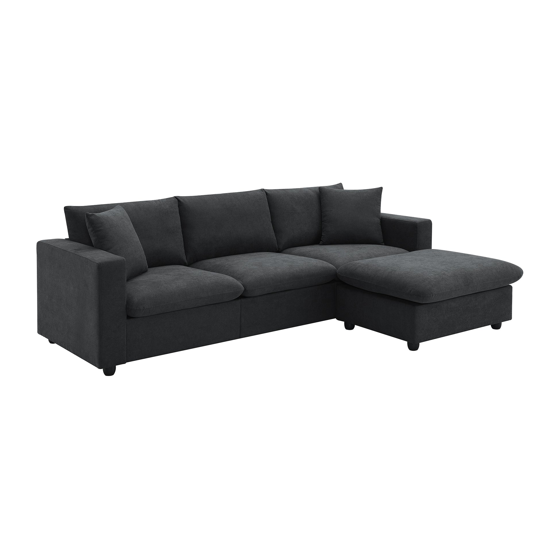 Dark charcoal fabric sectional sofa with chaise lounge and three plush back cushions