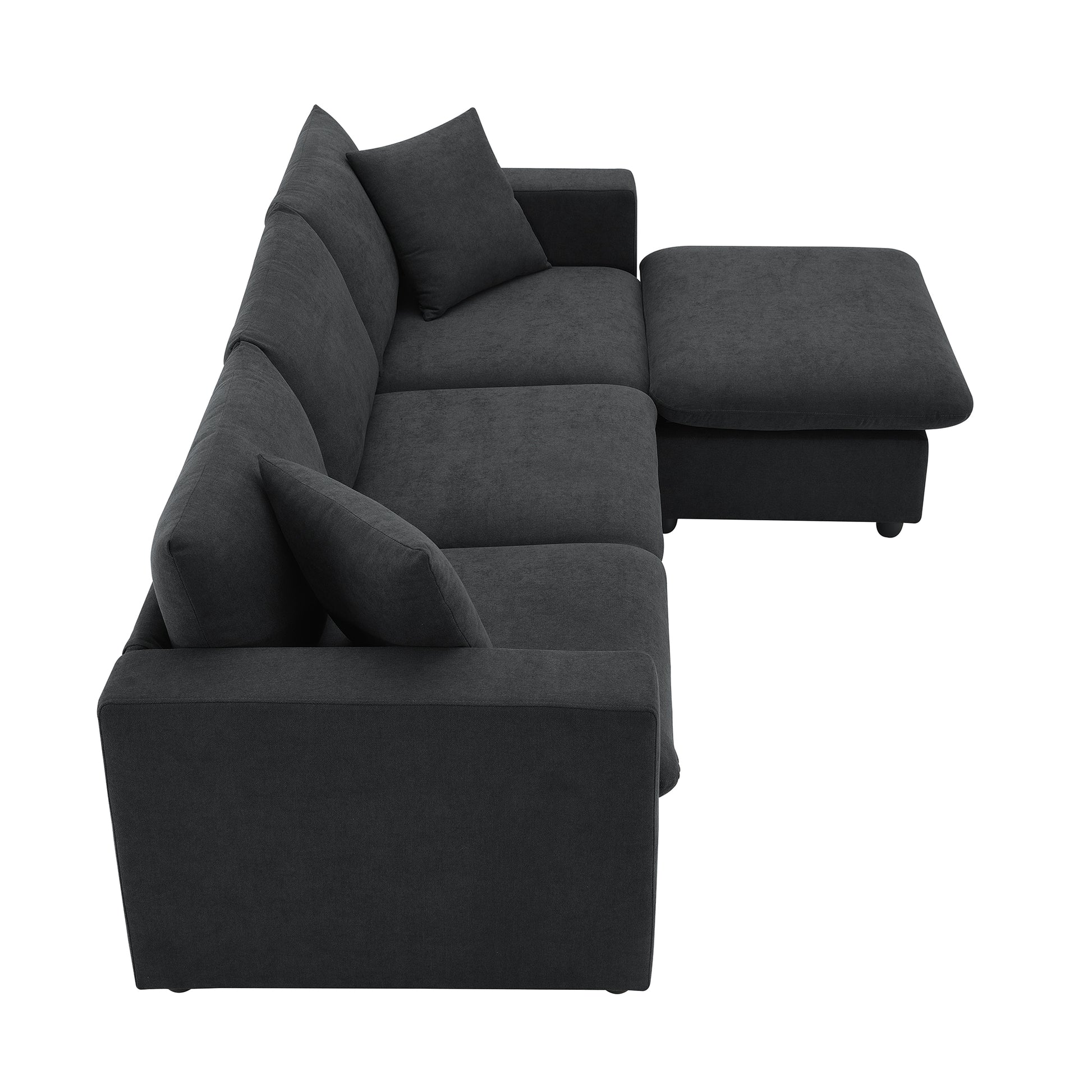 Dark grey fabric sectional sofa with chaise and plush cushions