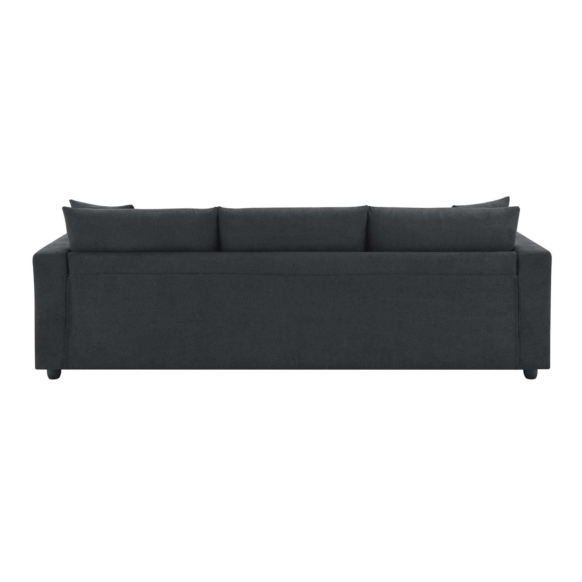 Dark grey fabric sofa with three plush back cushions ideal for modern living rooms