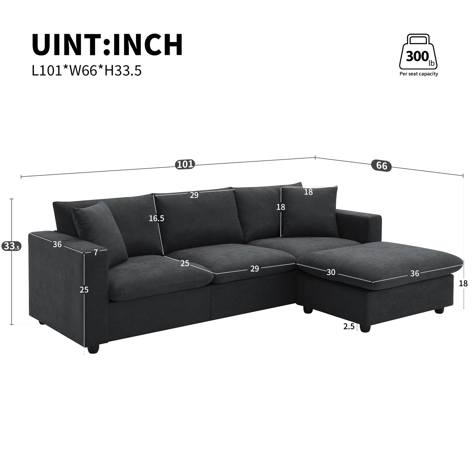 Dark gray fabric sectional sofa with chaise featuring plush cushions and modern design for living room comfort