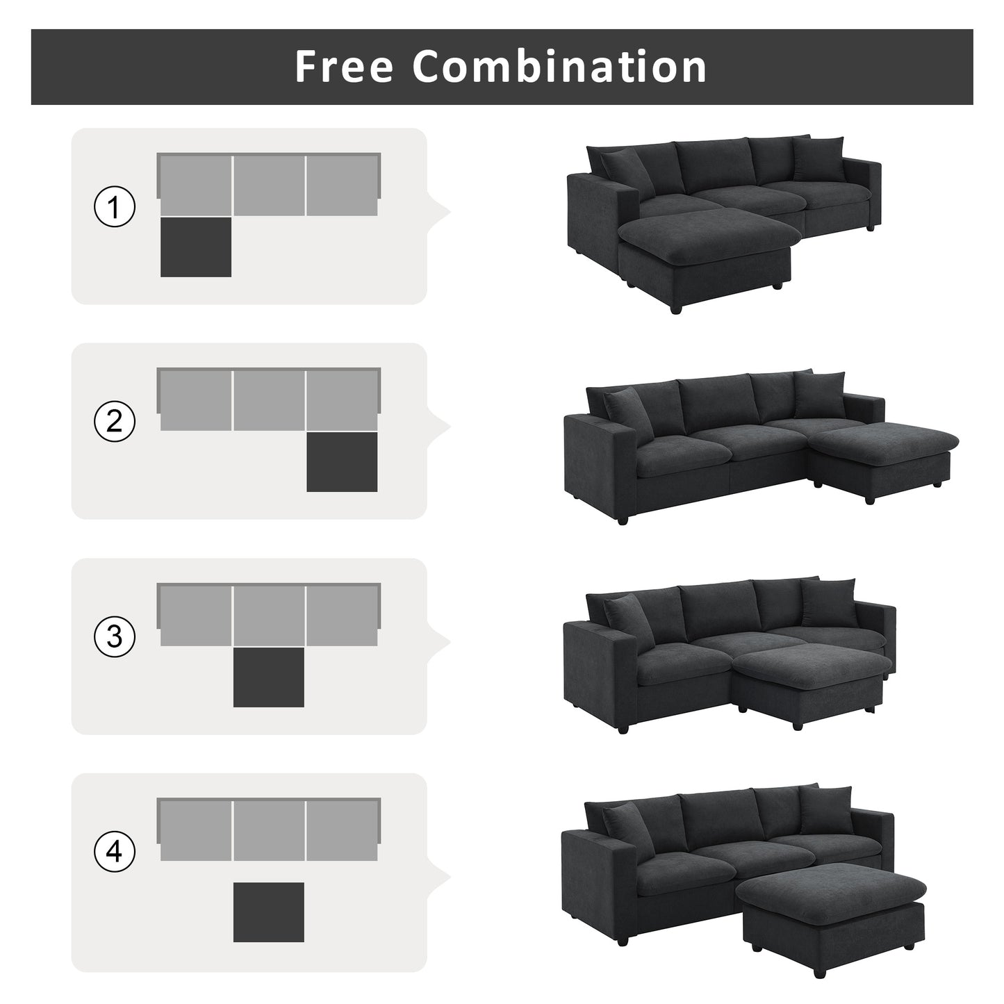 Dark gray fabric sectional sofa with chaise and ottoman modern living room furniture