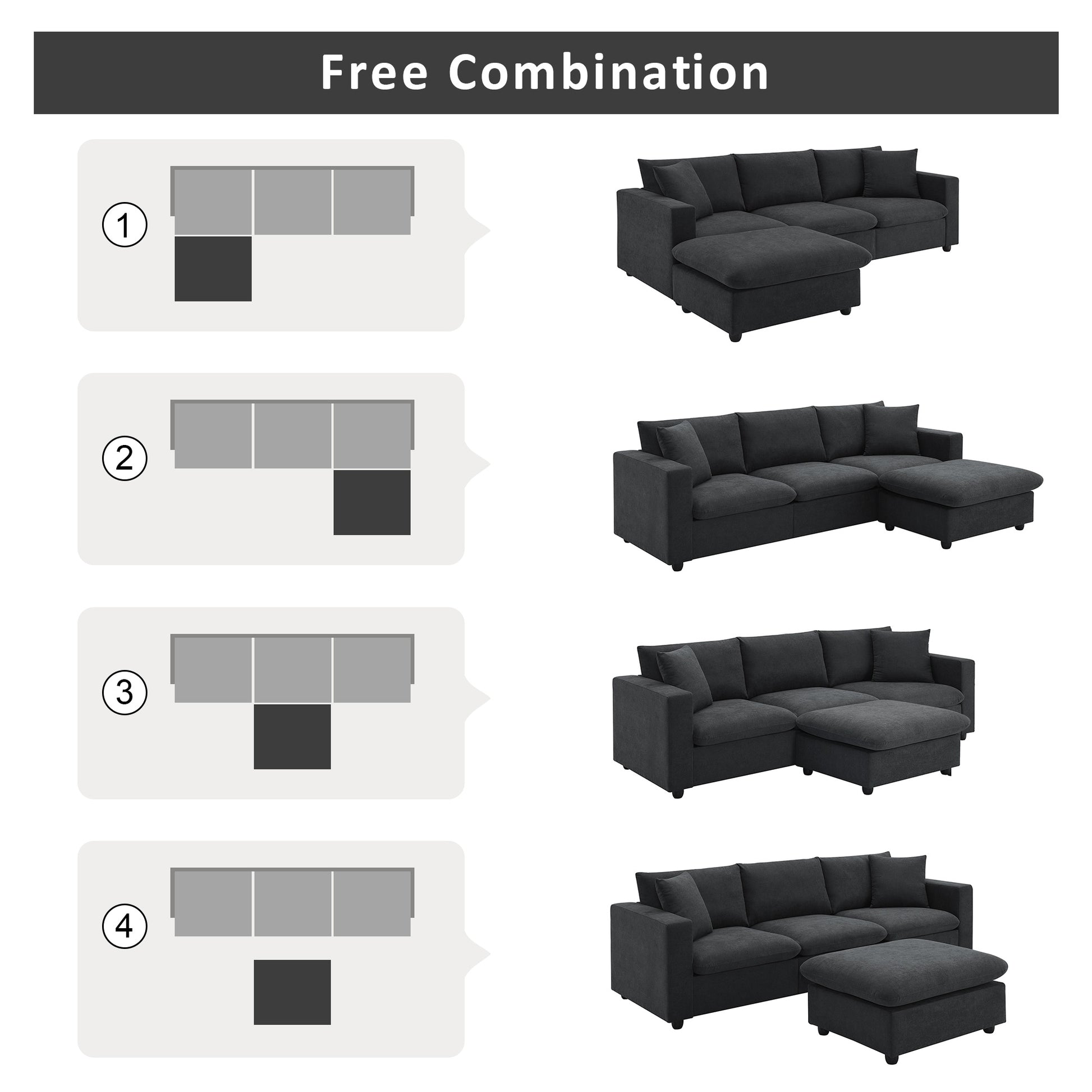 Dark gray fabric sectional sofa with chaise and ottoman modern living room furniture