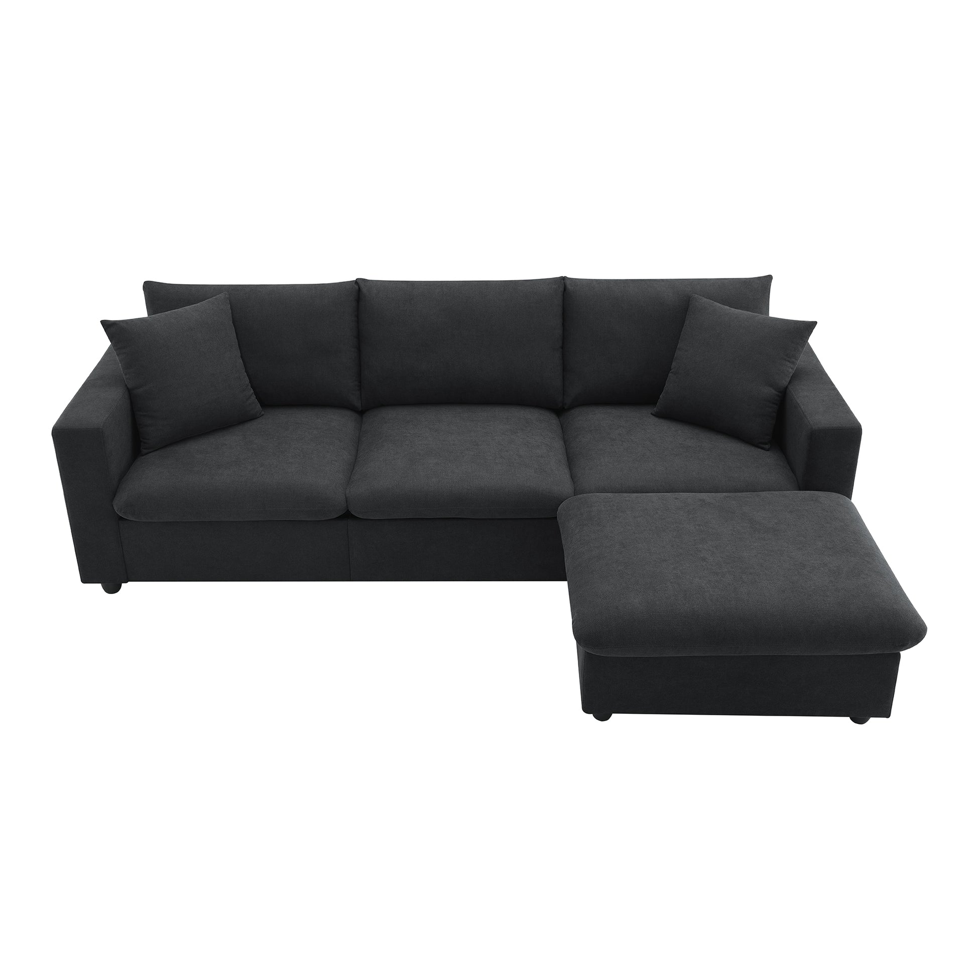 Charcoal fabric sectional sofa with chaise lounge and accent pillows
