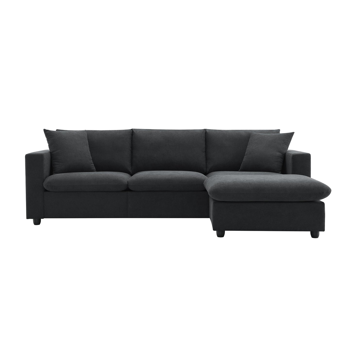 Dark gray fabric sectional sofa with plush cushions and a chaise lounge