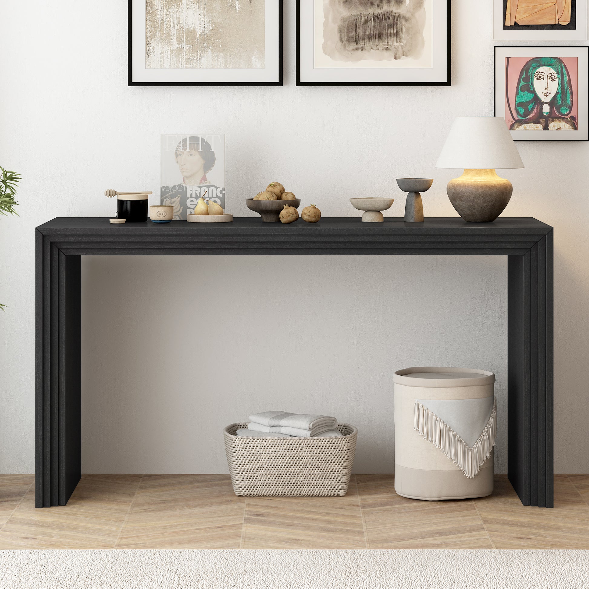 Dark wood console table with fluted sides perfect for entryway decor