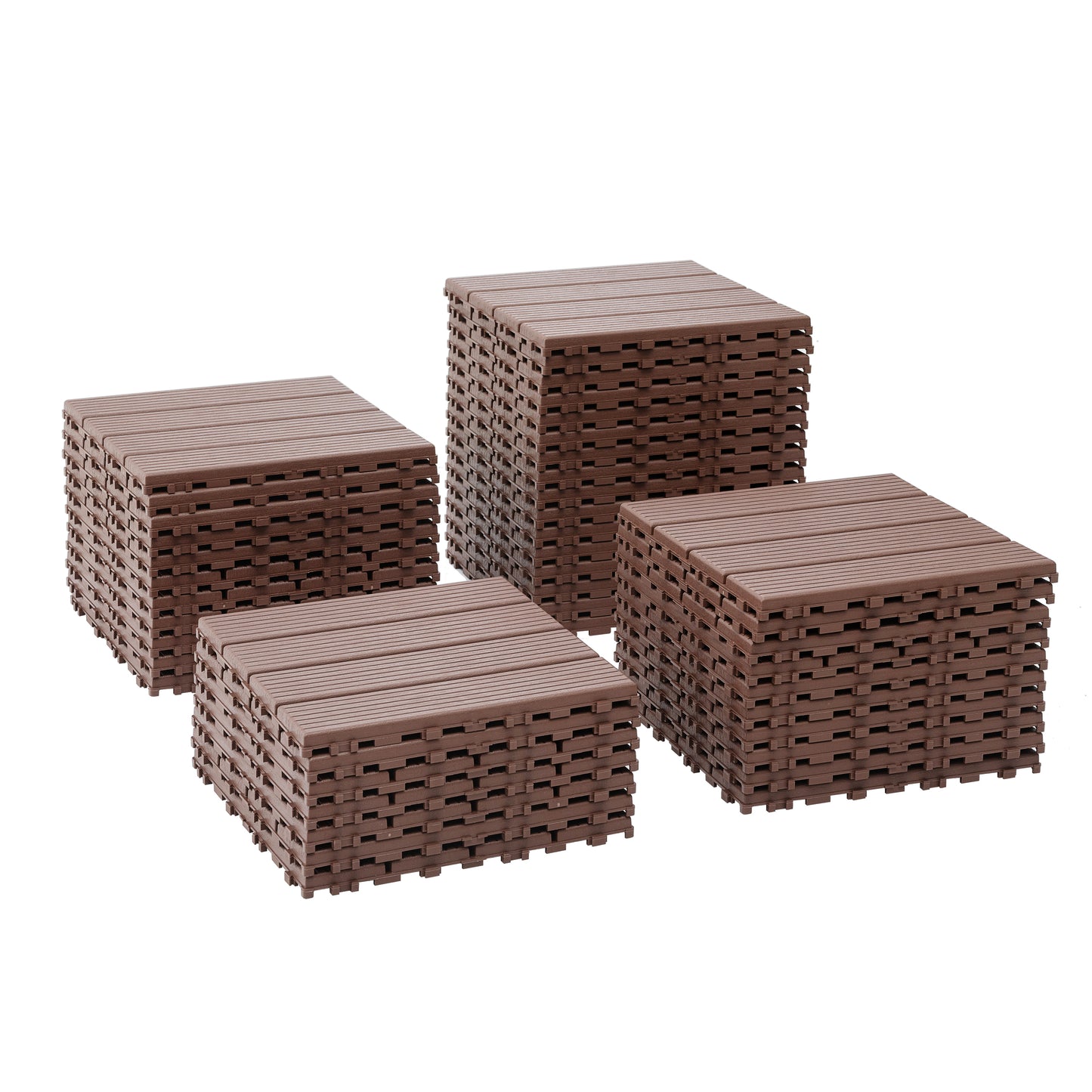 Four stacks of brown interlocking composite decking tiles on a white background