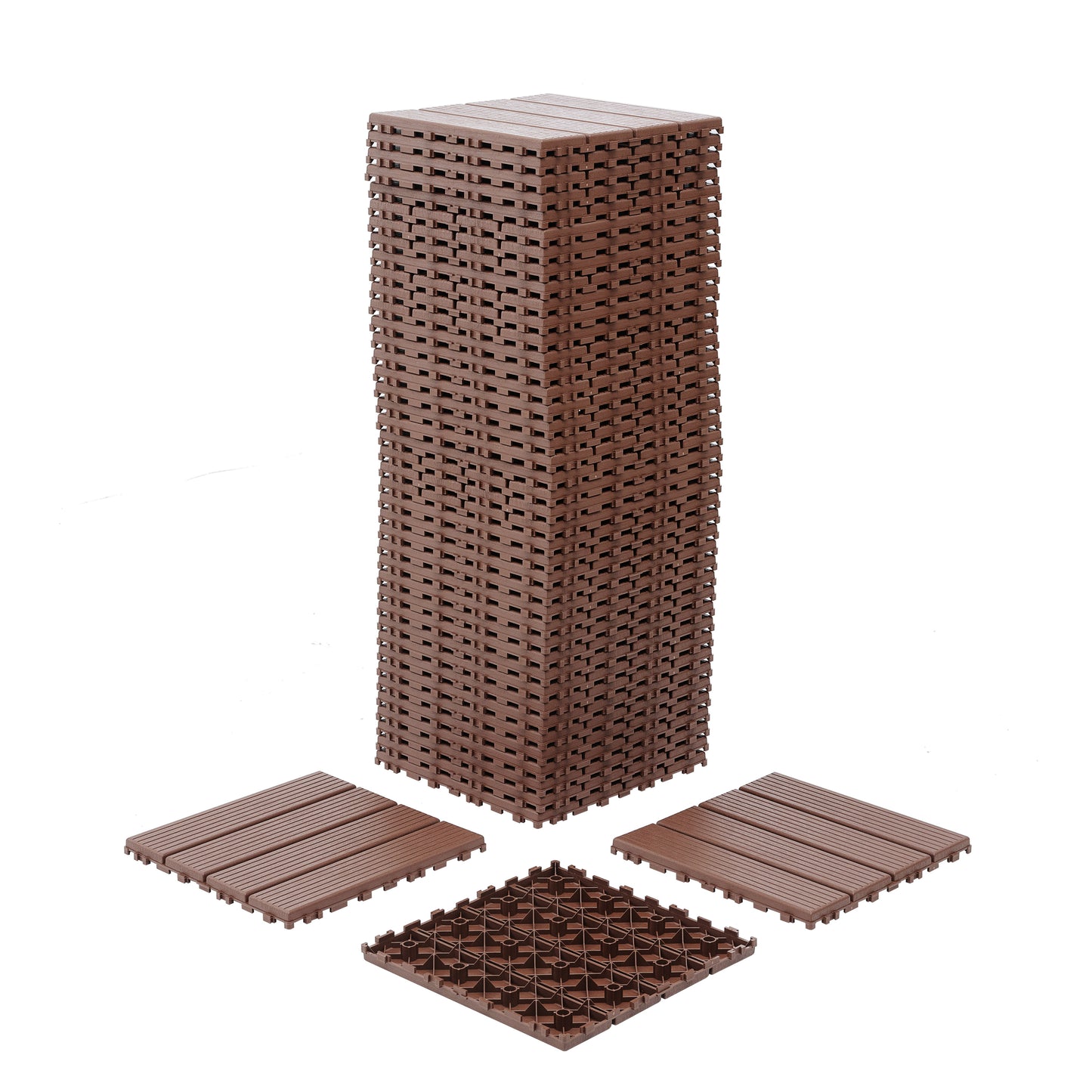 Stack of brown interlocking deck tiles with wooden texture ideal for outdoor flooring