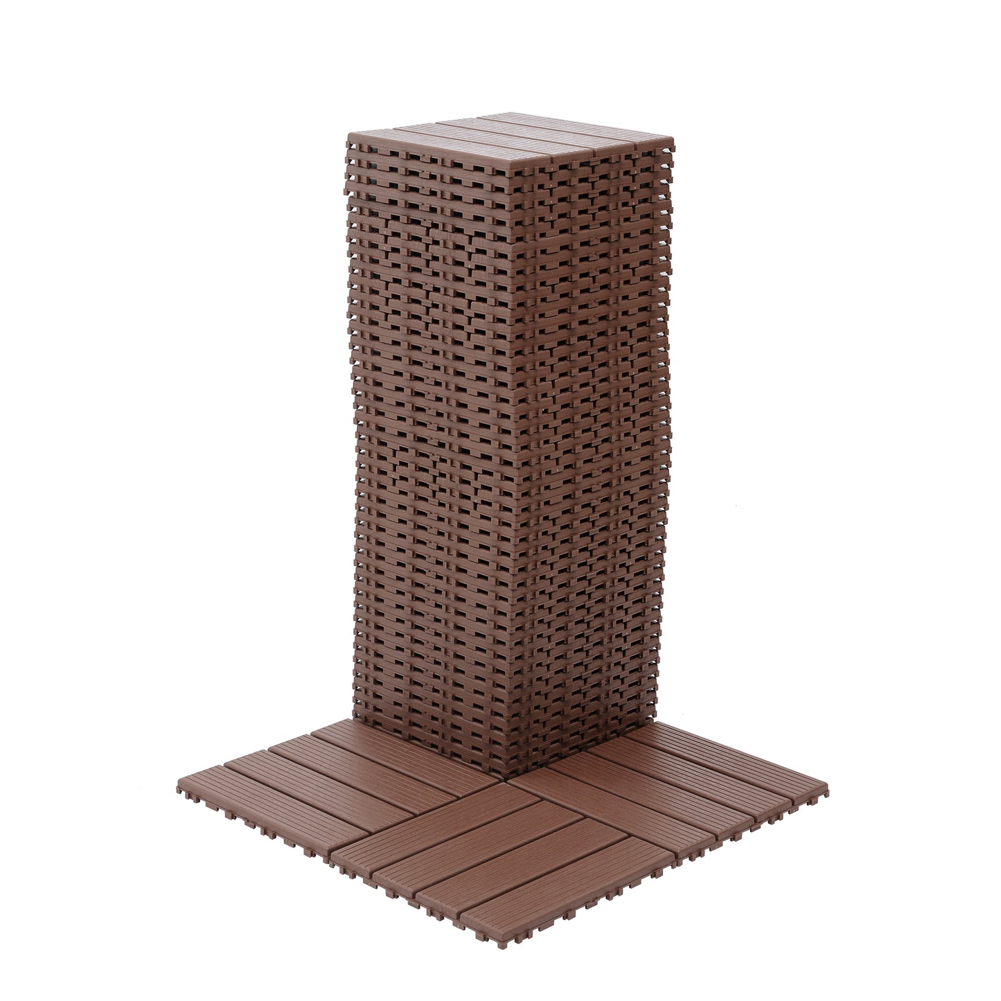 Stack of brown interlocking deck tiles outdoor flooring solution