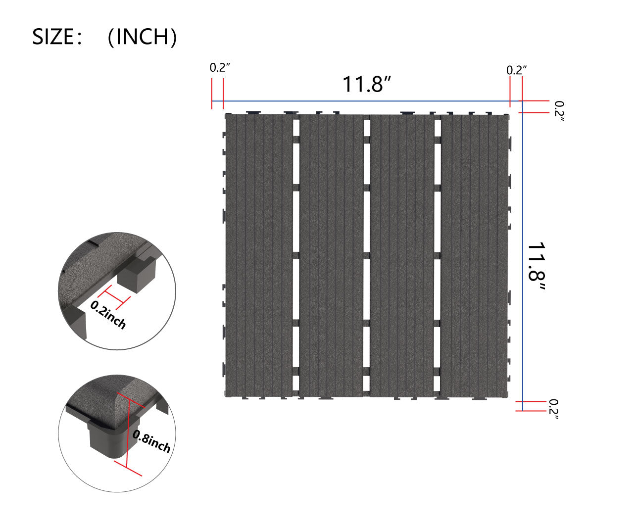 Dark gray composite deck tile  x  inches with visible interlock system