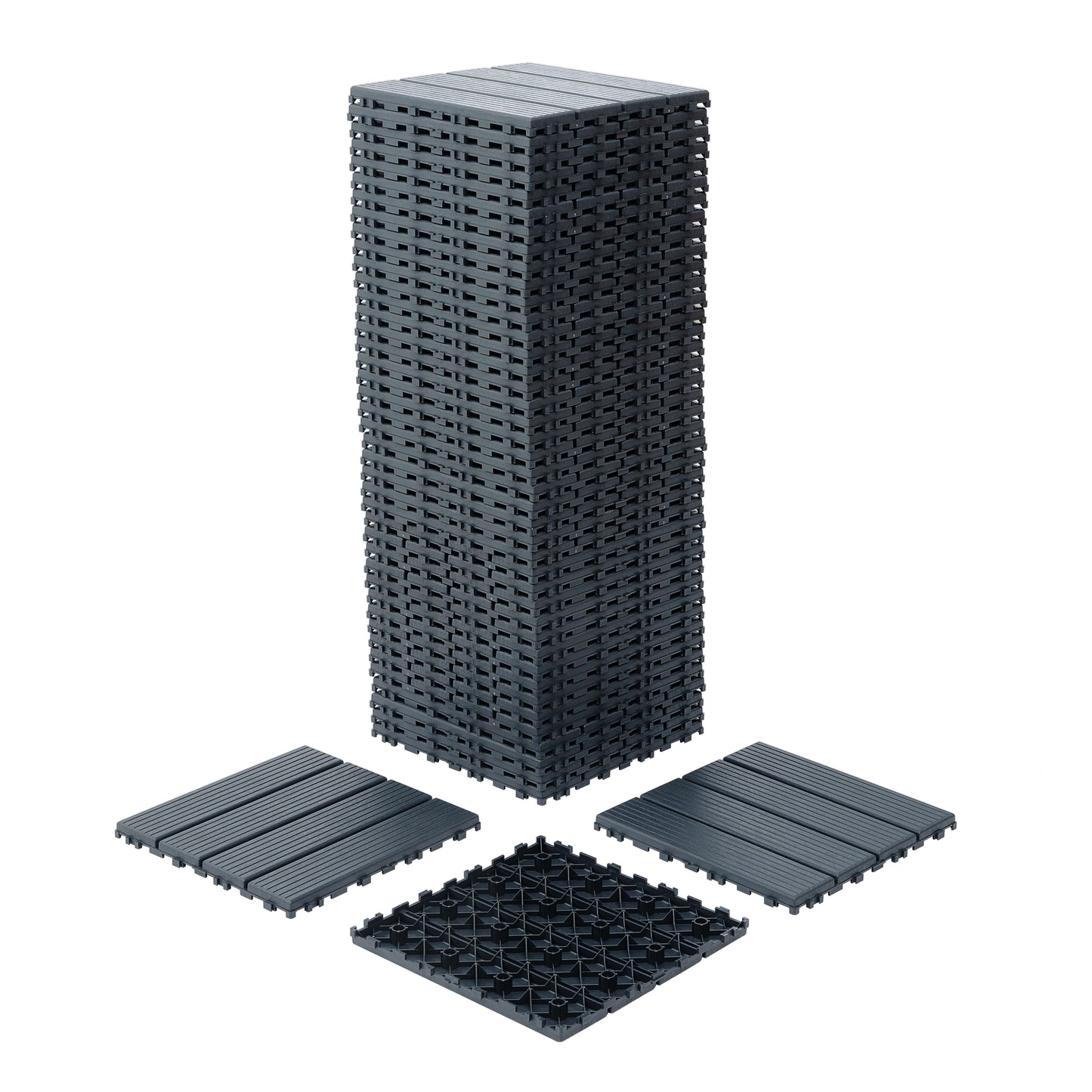 Stack of dark gray interlocking deck tiles with three individual tiles on a white background