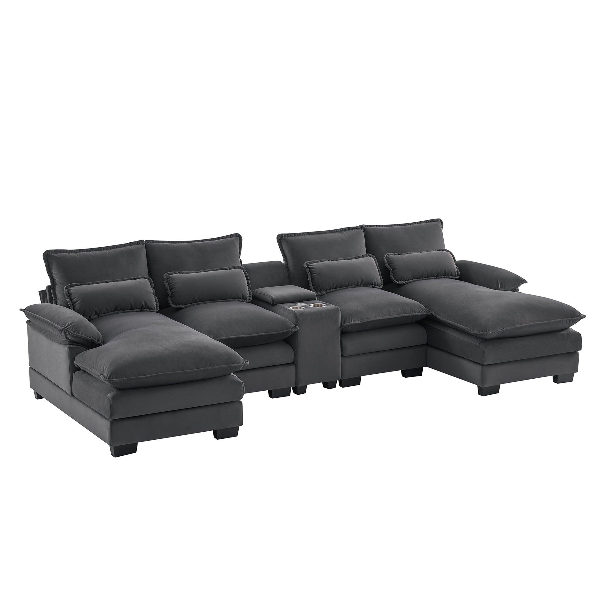 Plush charcoal grey sectional sofa with chaise and builtin cup holders for home theater comfort