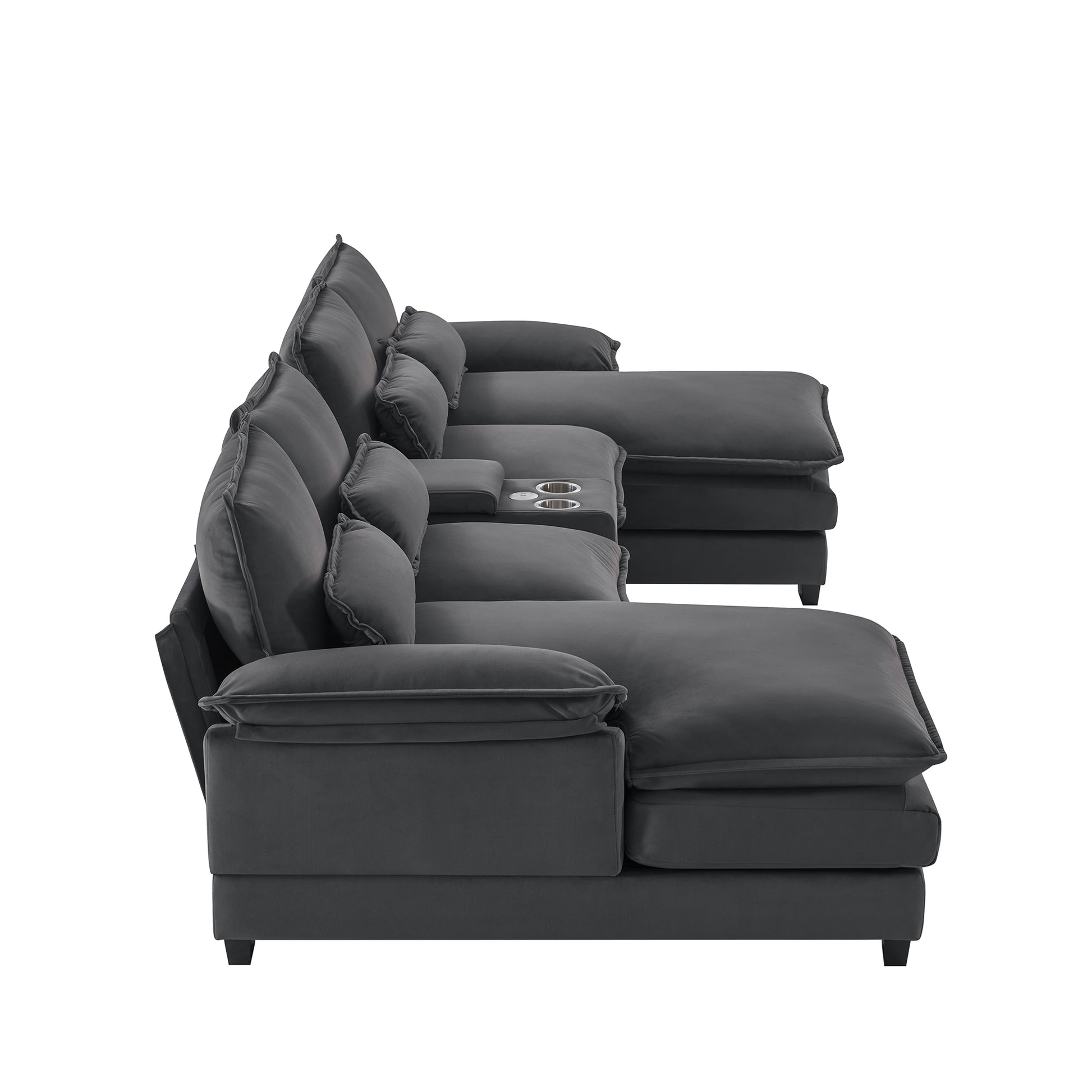 Plush dark grey velvet sectional sofa with two chaises and integrated cup holders