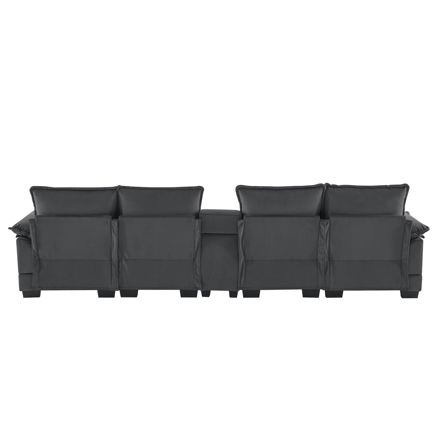 Rear view of a charcoal gray leather reclining sofa with plush cushions and wide arms