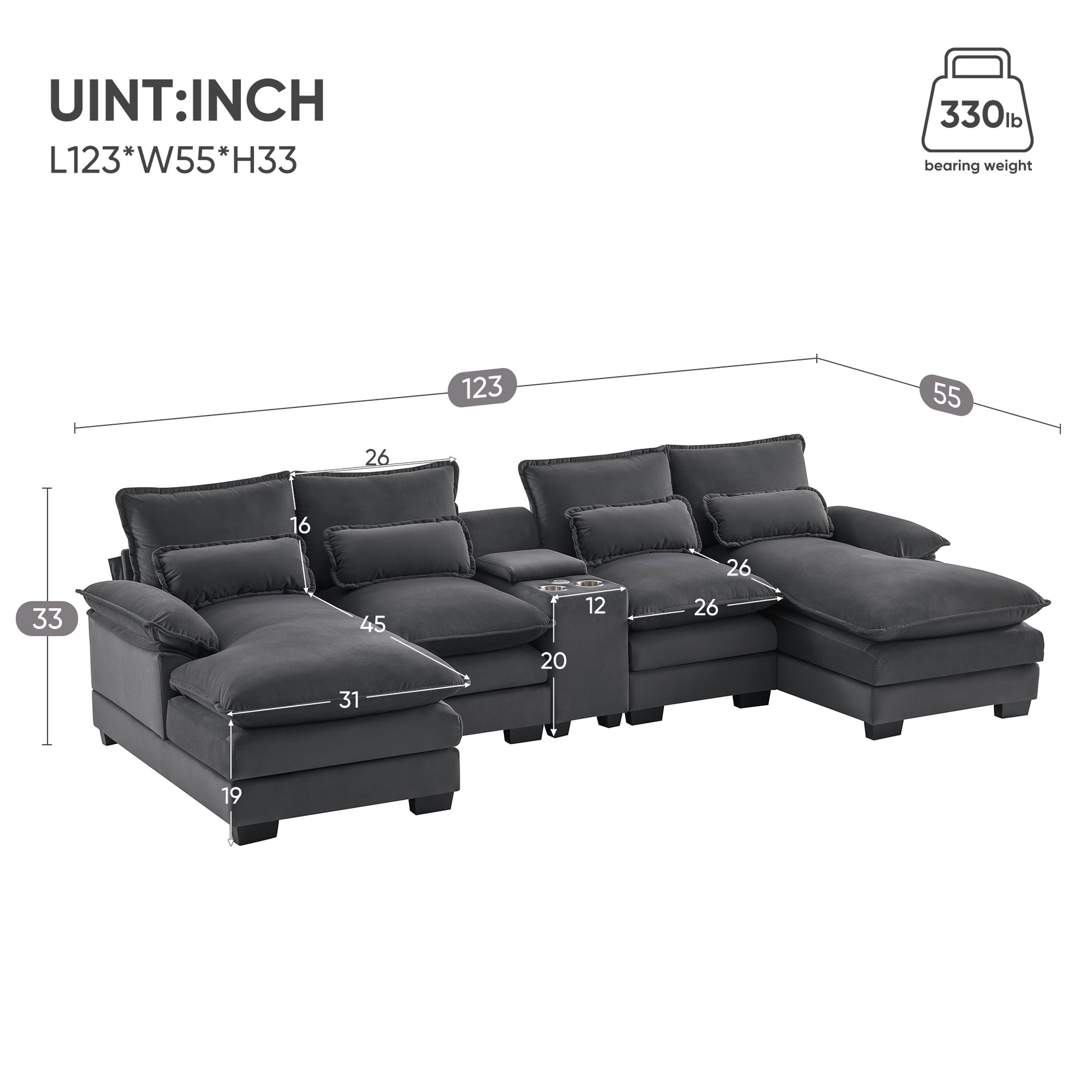 Dark grey sectional sofa with plush cushions chaise and builtin cup holders