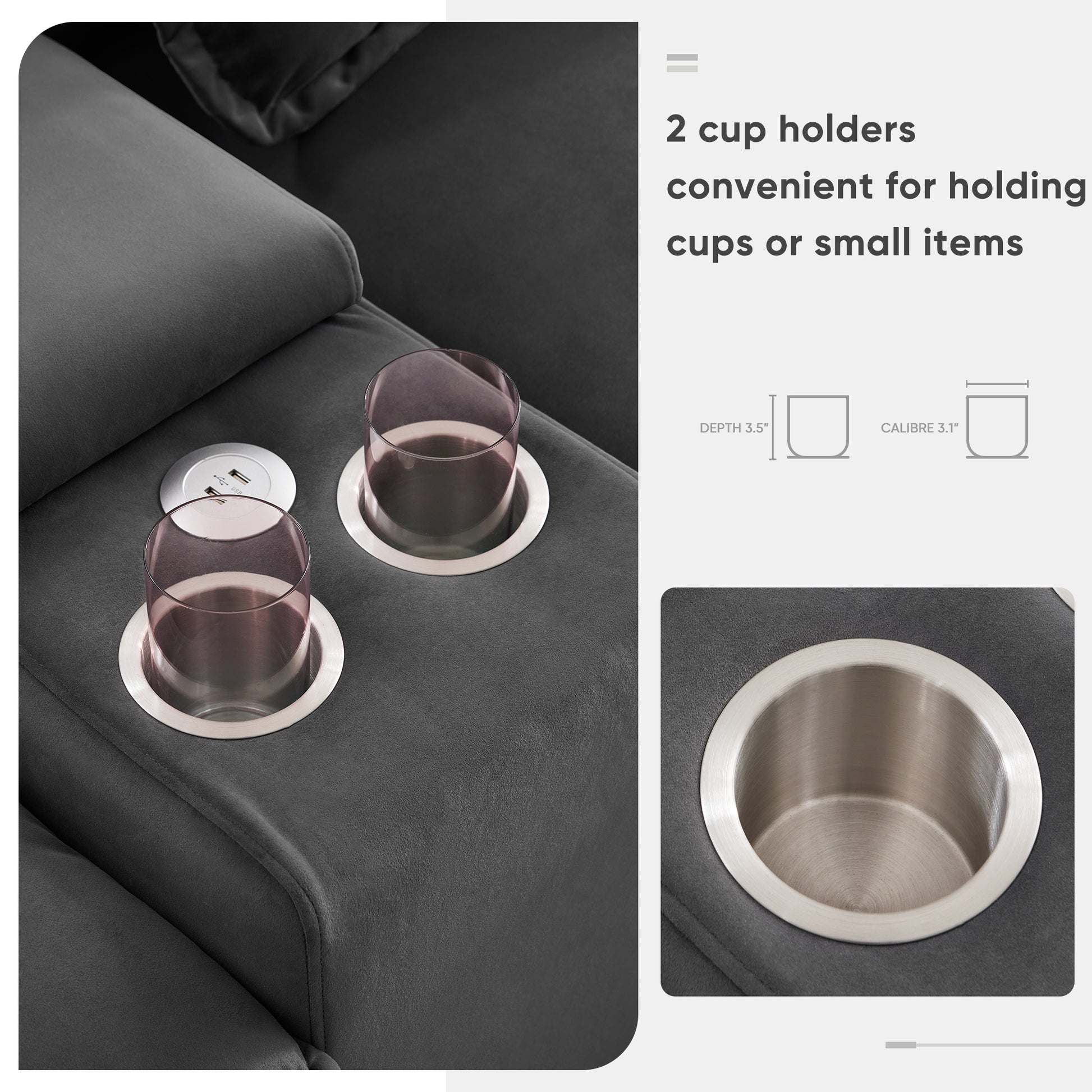 Gray recliner with two stainless steel cup holders and USB ports