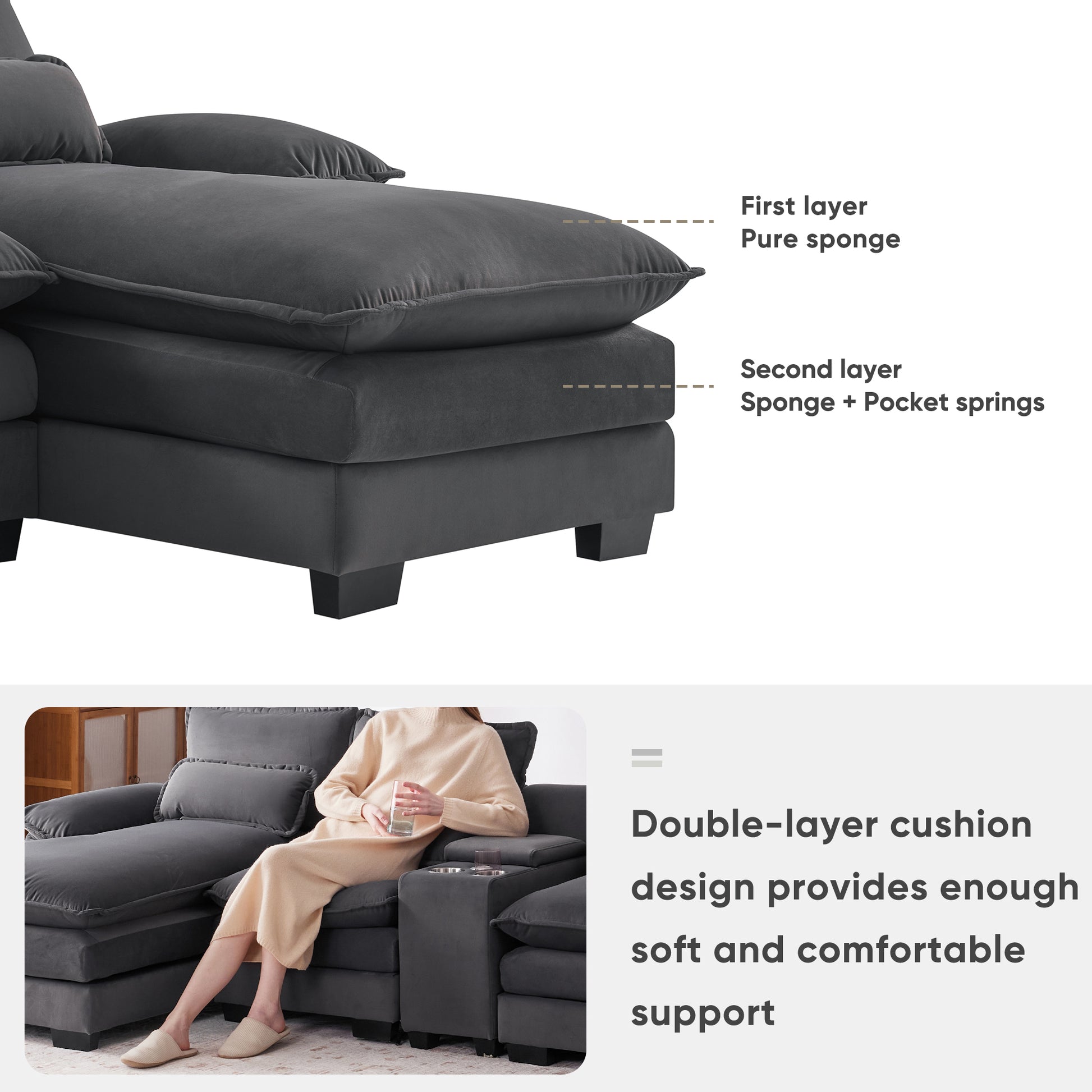 Charcoal velvet sectional sofa with plush cushions offering duallayer support