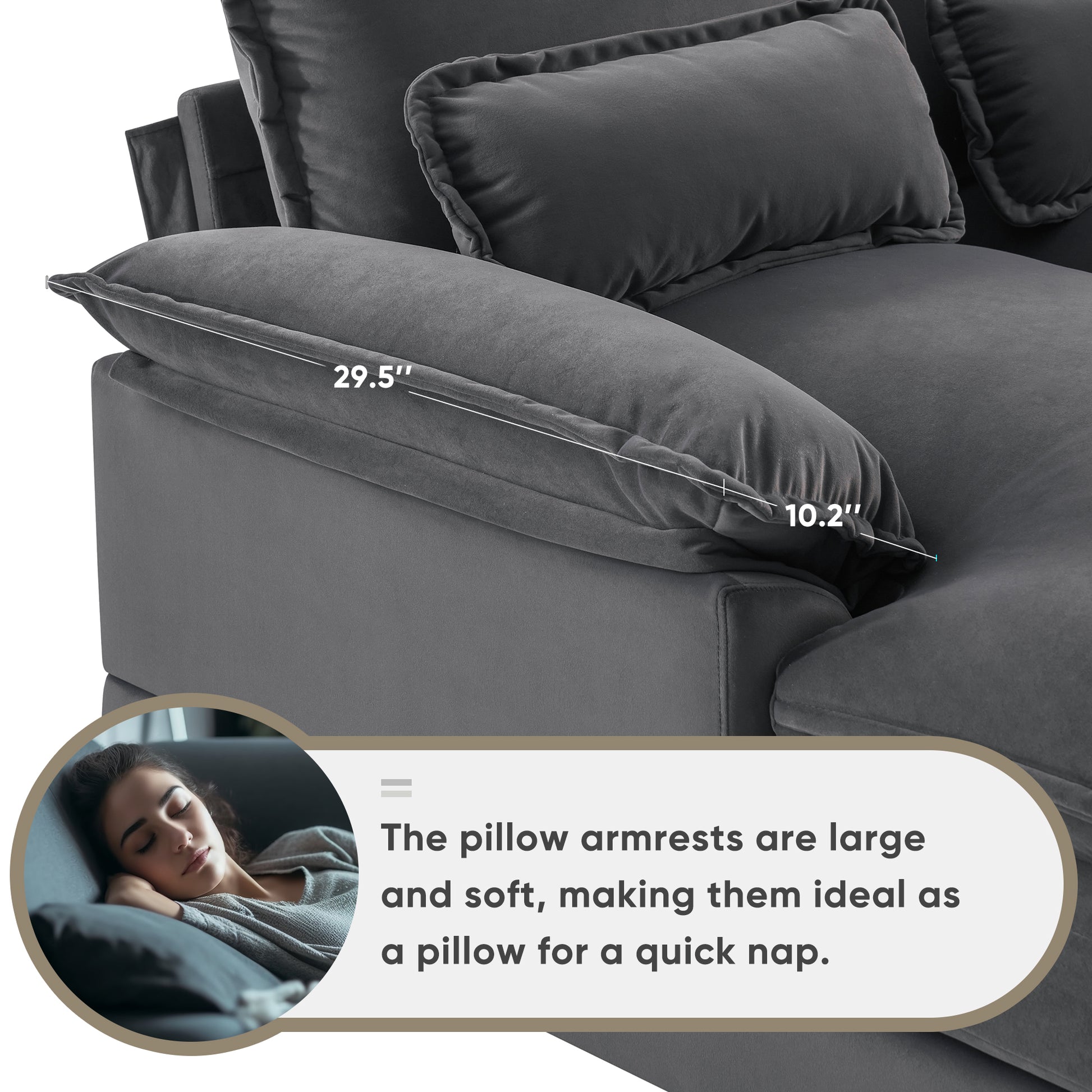 Dark gray plush sofa armrest  inches long perfect for lounging