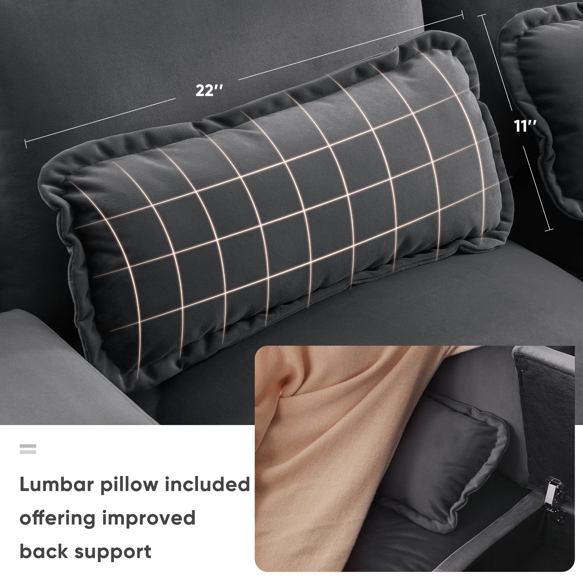 Dark gray velvet lumbar pillow with grid pattern  inches long for back support