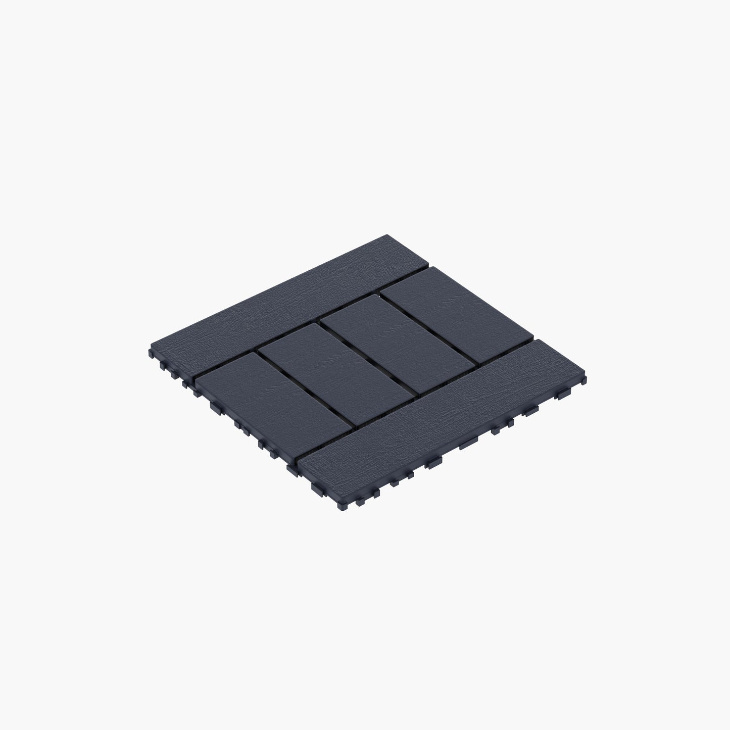 Dark grey interlocking deck tiles with wood grain texture  tiles shown