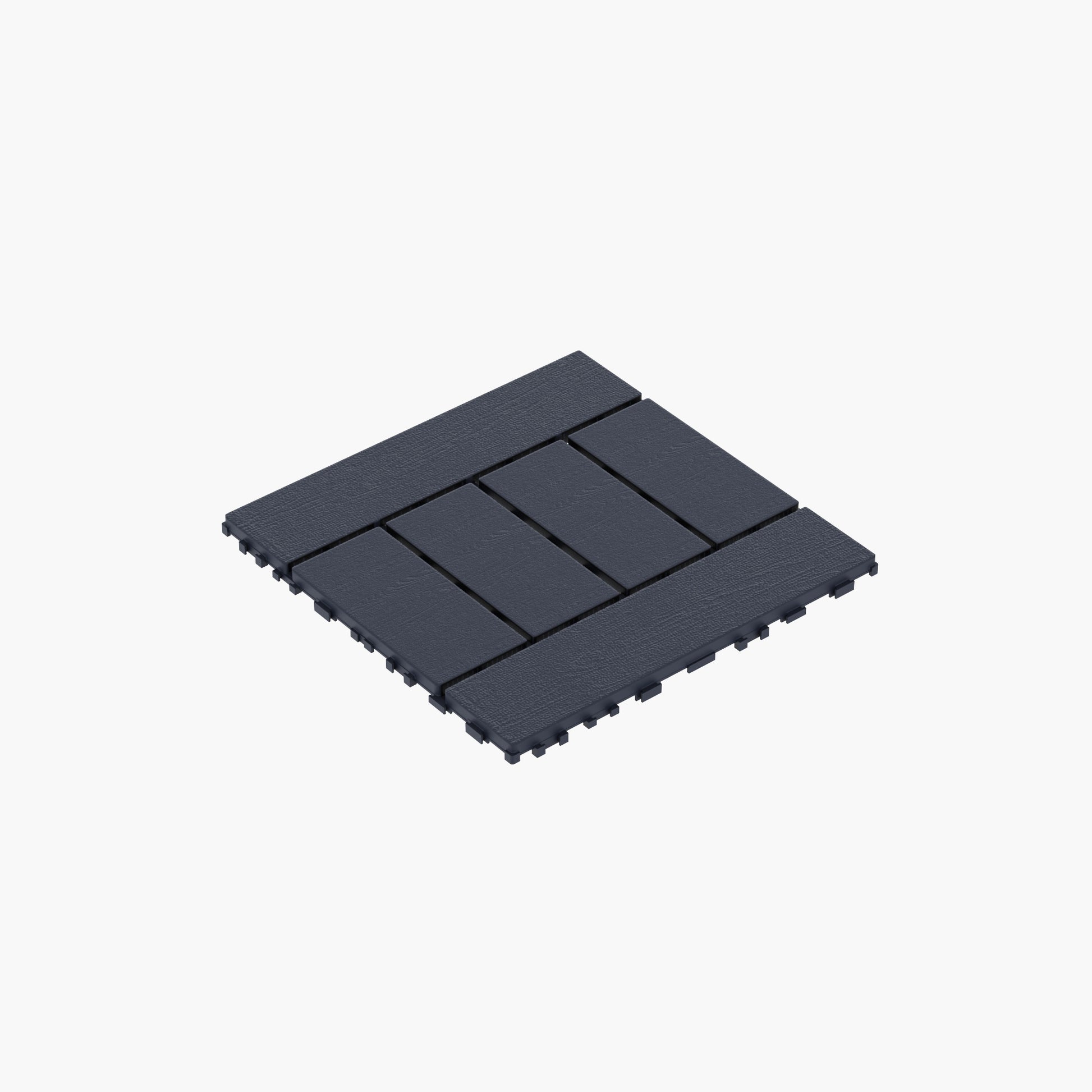 Dark grey interlocking deck tiles with wood grain texture  tiles shown