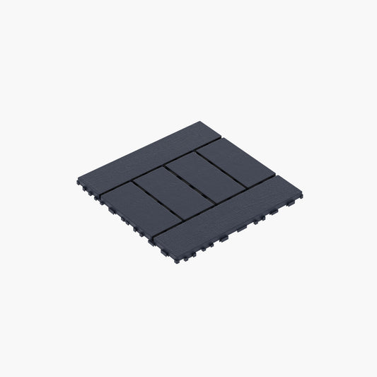 Dark grey interlocking deck tiles with wood grain texture  tiles shown