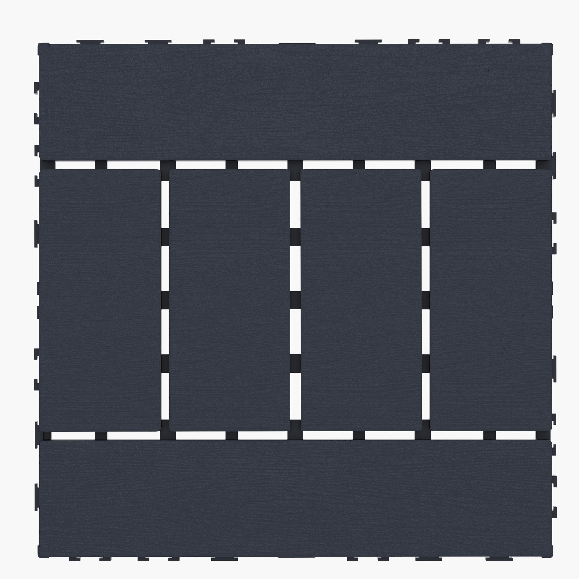 Dark gray interlocking deck tiles with a wood grain texture for patios