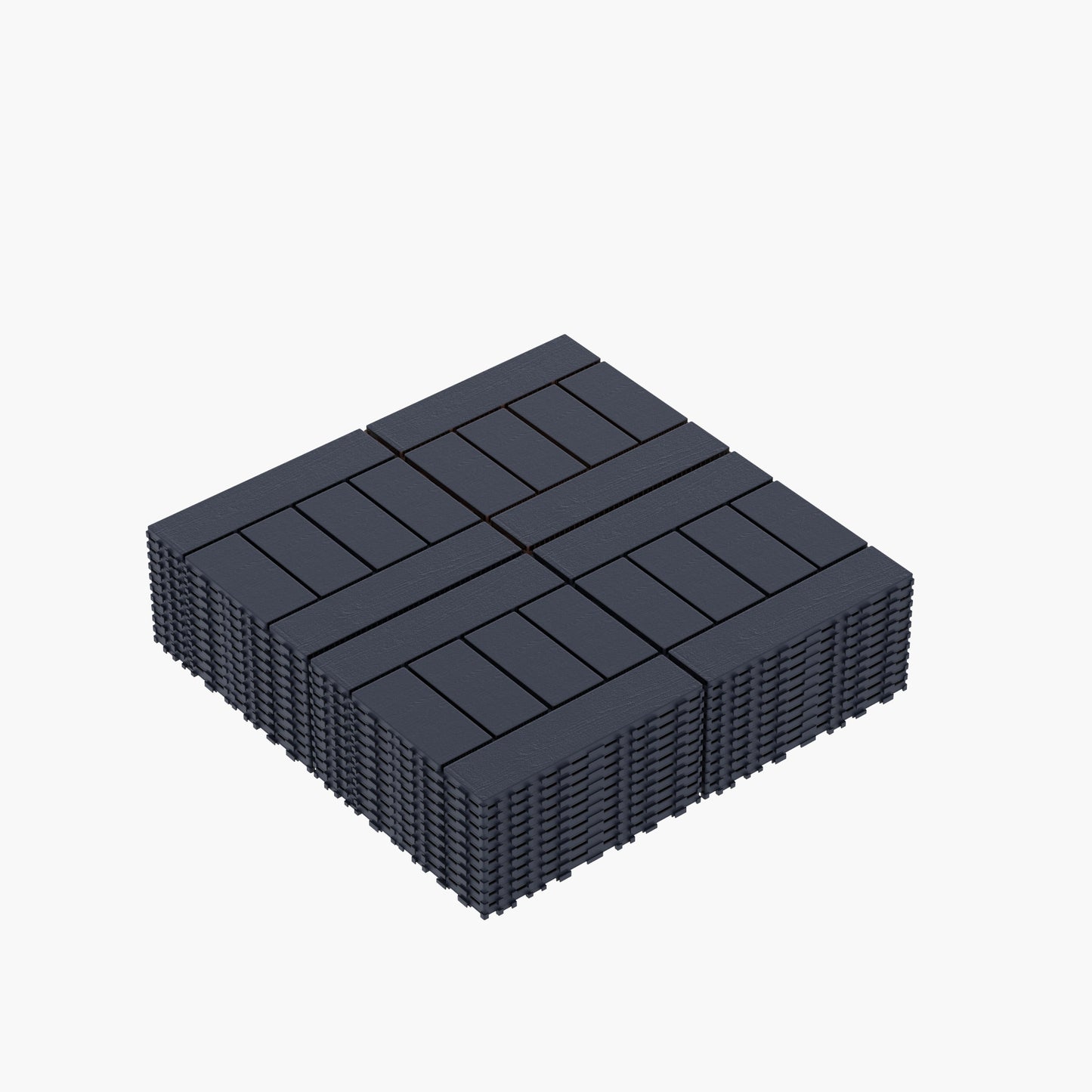 Dark grey interlocking deck tiles with a wood grain texture stacked neatly for outdoor flooring