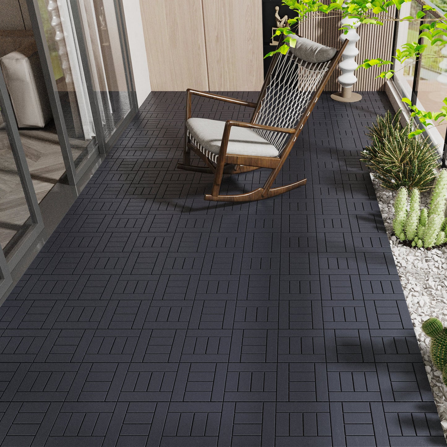 Dark grey interlocking deck tiles with a subtle wood grain texture ideal for outdoor patios