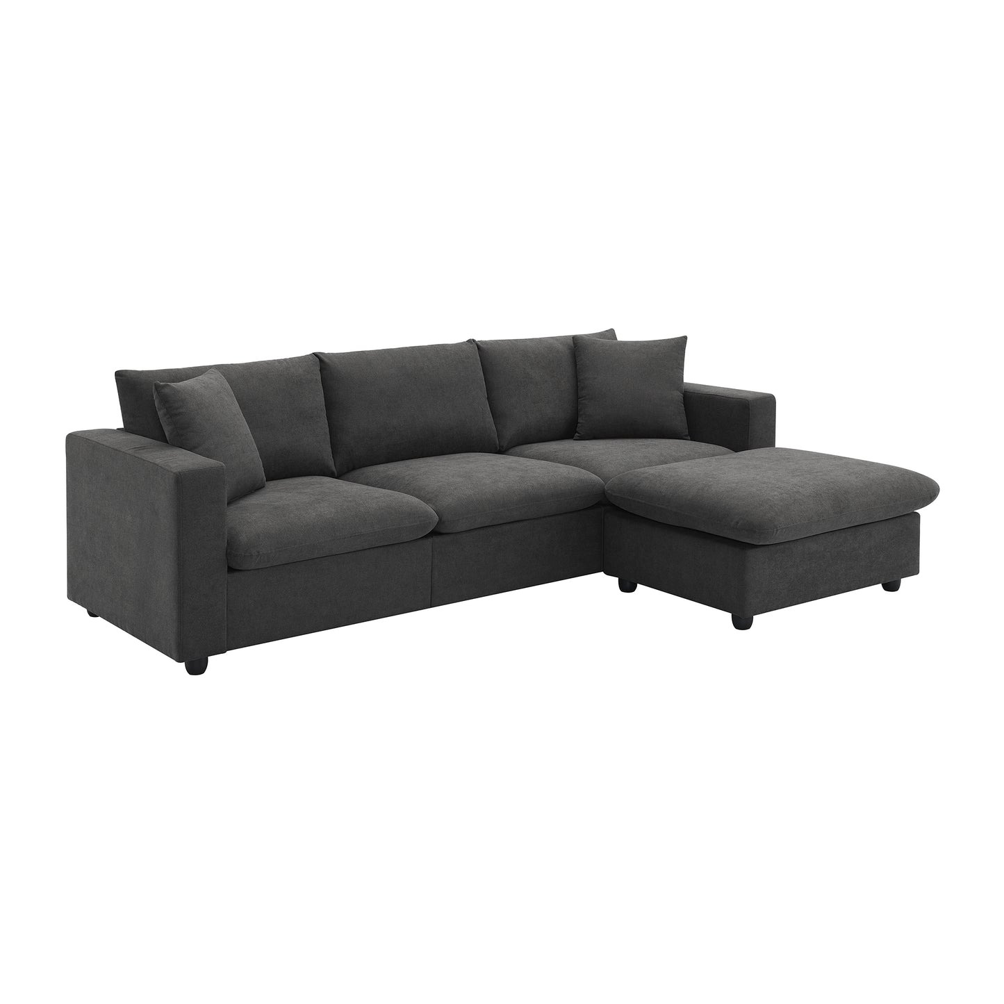 Charcoal grey fabric sectional sofa with plush cushions and a chaise lounge This modern sectional provides comfortable seating for living rooms