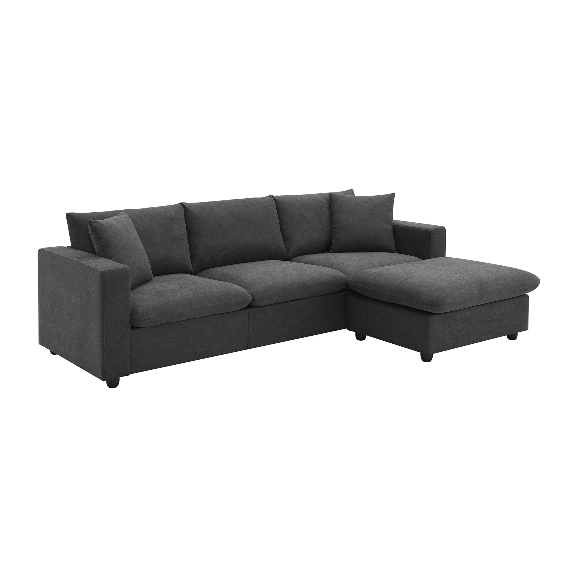Charcoal grey fabric sectional sofa with plush cushions and a chaise lounge This modern sectional provides comfortable seating for living rooms