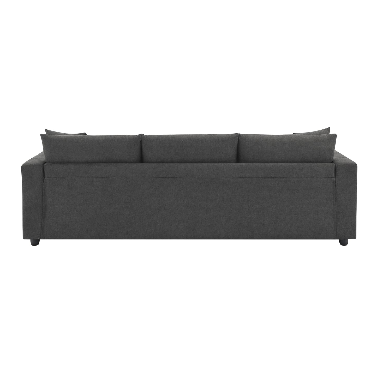 Dark gray fabric sofa with three plush back cushions ideal for living rooms