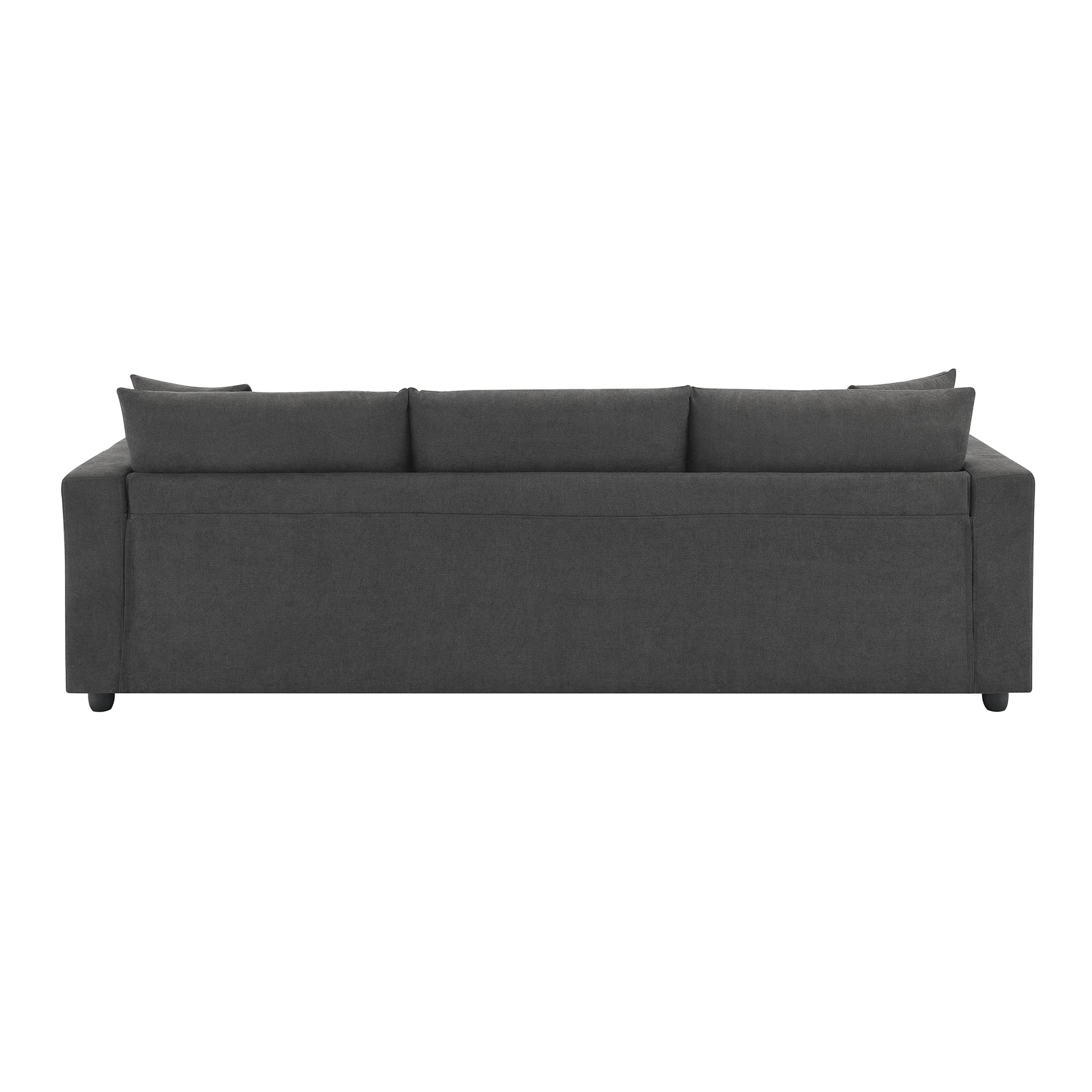 Dark gray fabric sofa with three plush back cushions ideal for living rooms