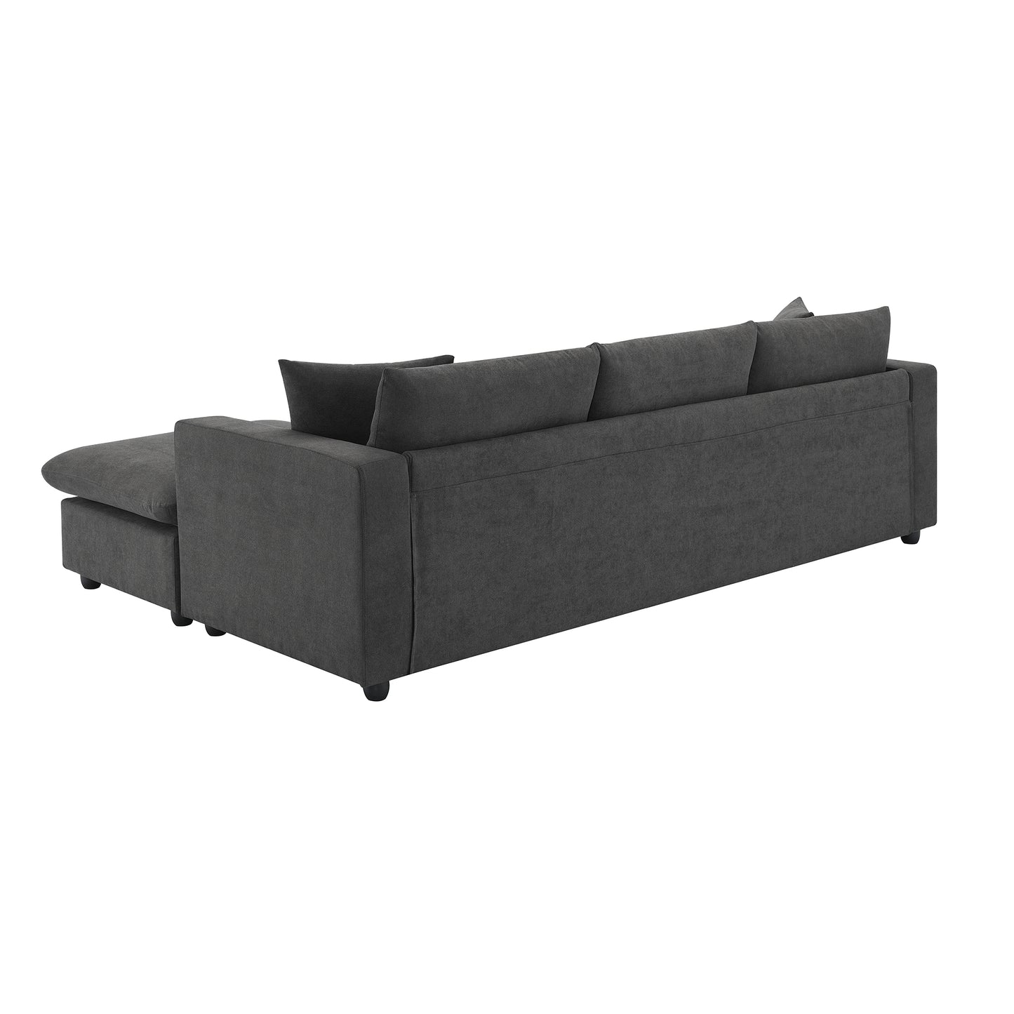 Dark grey fabric sectional sofa with chaise lounge and plush back cushions