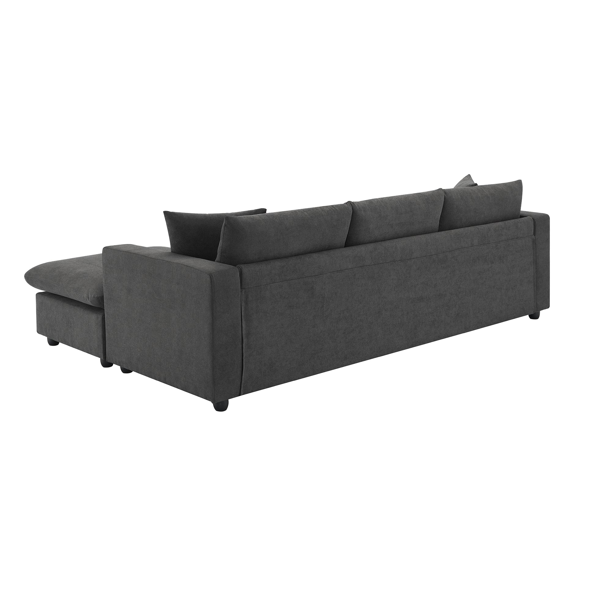 Dark grey fabric sectional sofa with chaise lounge and plush back cushions