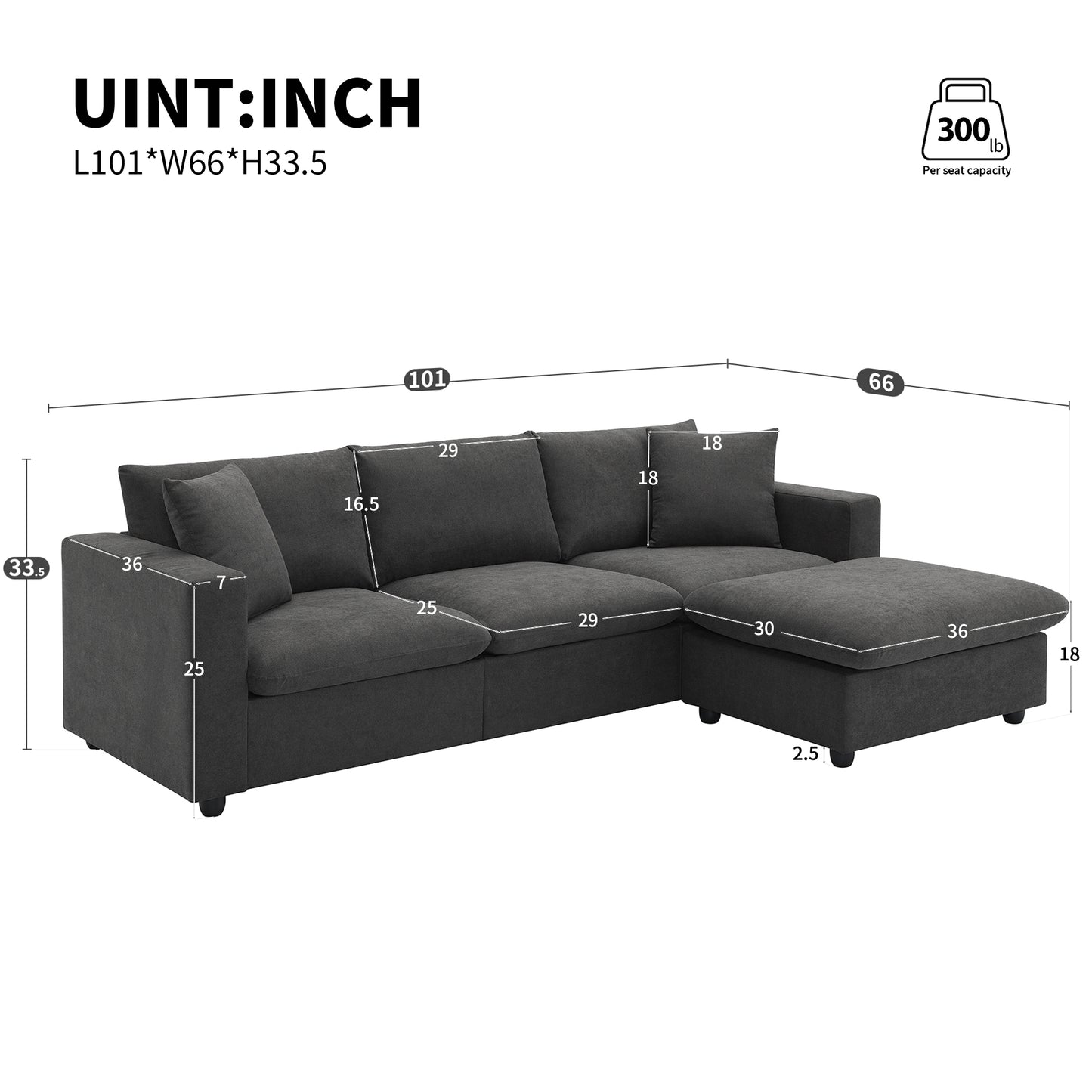 Dark gray sectional sofa with chaise lounge featuring tufted cushions