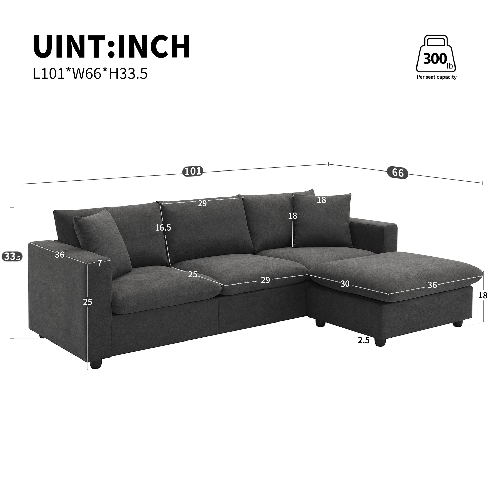 Dark gray sectional sofa with chaise lounge featuring tufted cushions