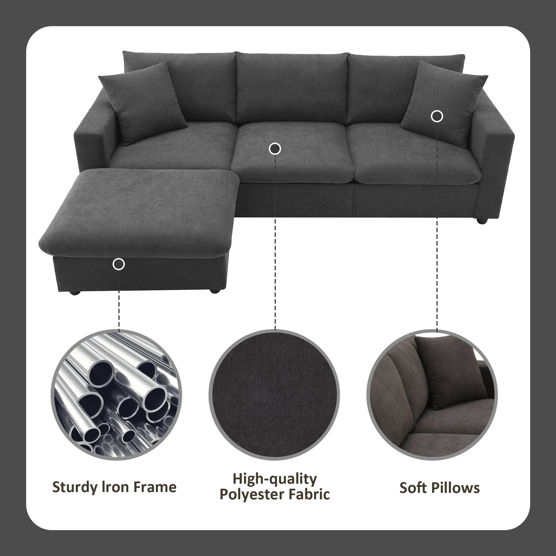 Dark gray sectional sofa with chaise plush cushions and ottoman Sturdy iron frame