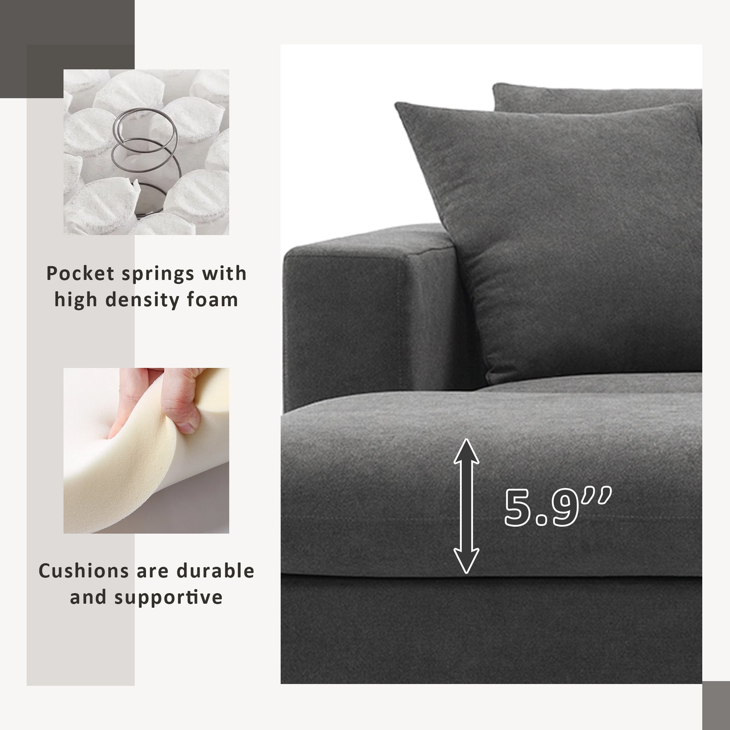 Closeup of gray sofa fabric with pocket springs and highdensity foam detail