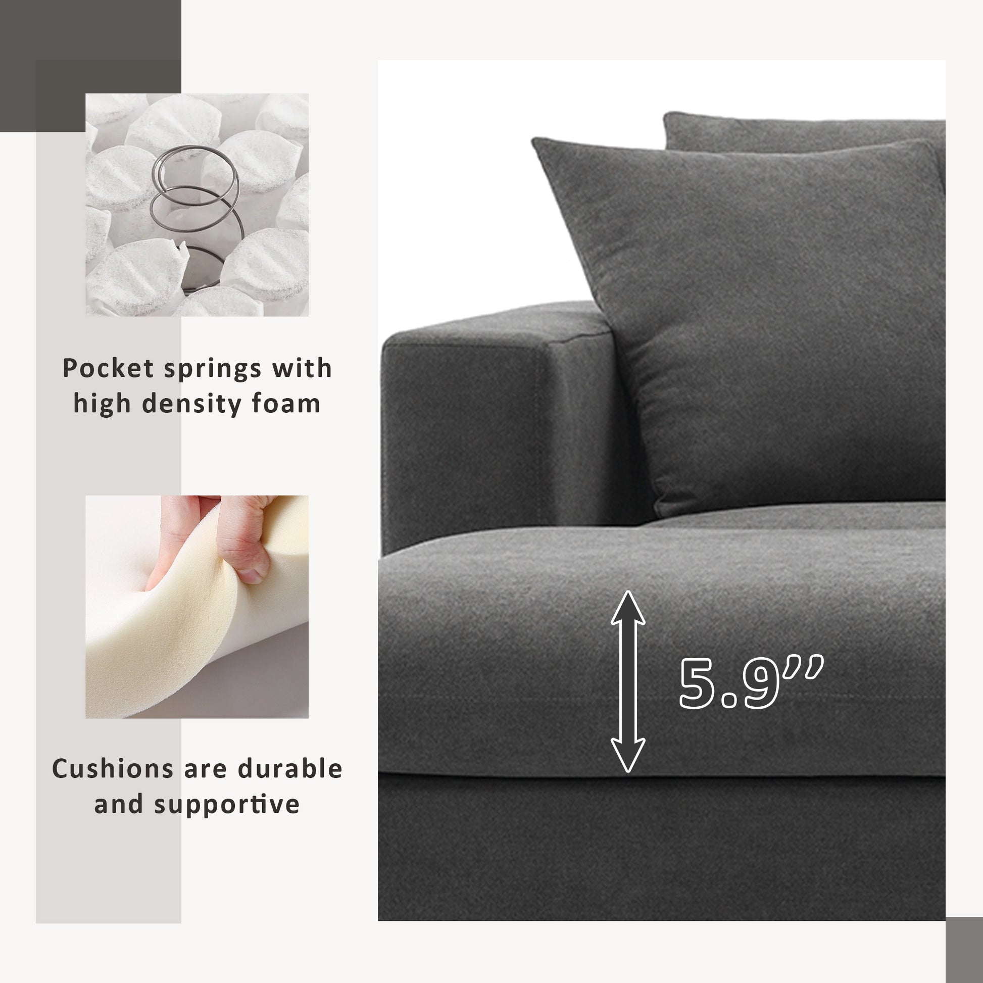 Closeup of gray sofa fabric with pocket springs and highdensity foam detail