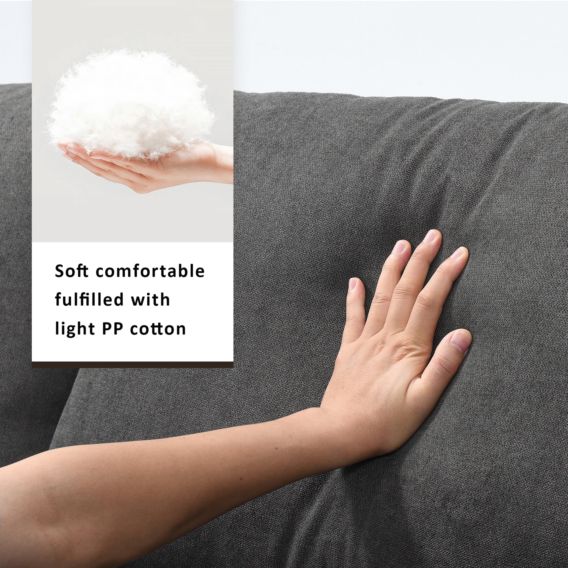 Hand pressing soft dark grey fabric sofa cushion filled with light PP cotton for comfort
