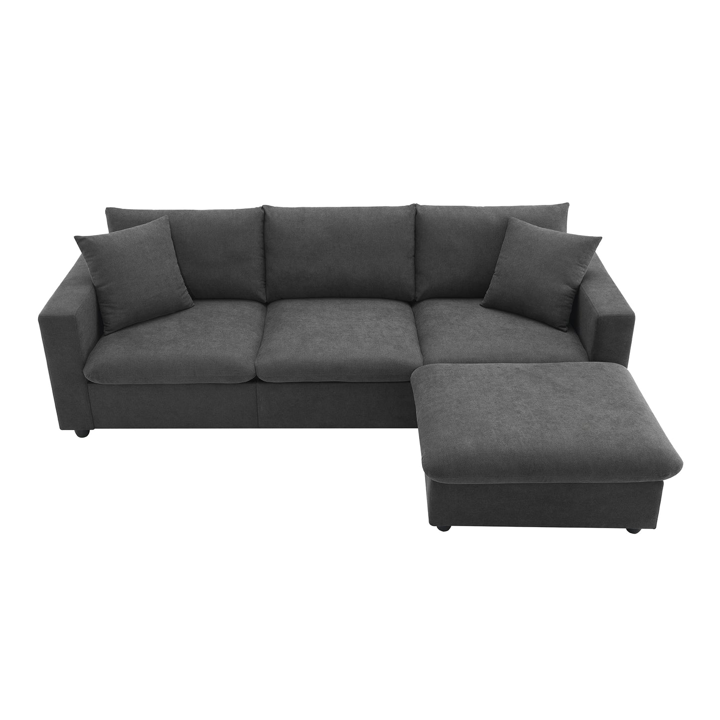 Dark gray fabric sectional sofa with plush cushions and matching ottoman for modern living rooms