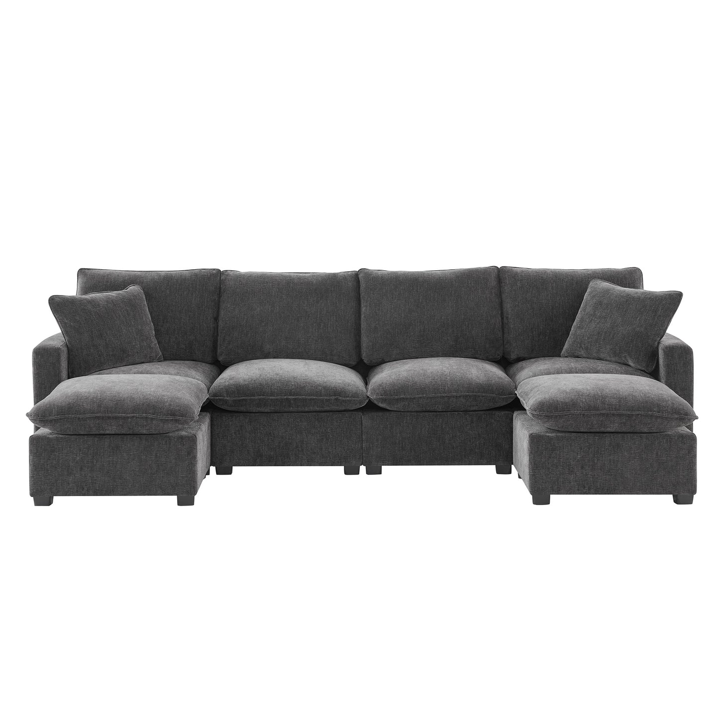 Dark gray fabric sectional sofa with deep cushions and chaise lounges