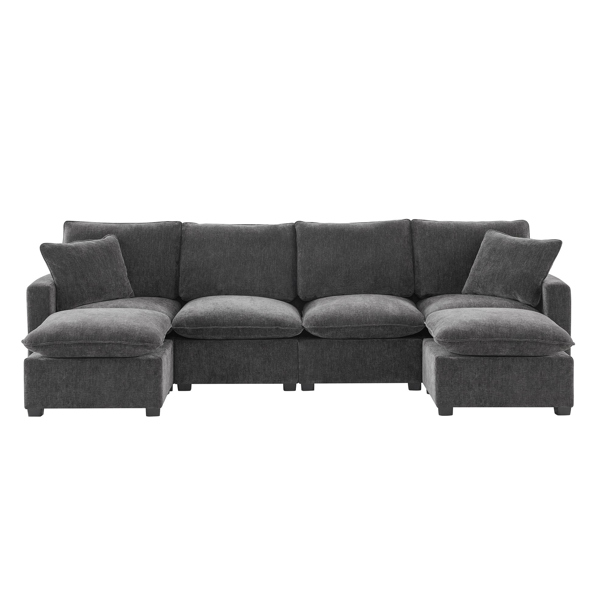 Dark gray fabric sectional sofa with deep cushions and chaise lounges