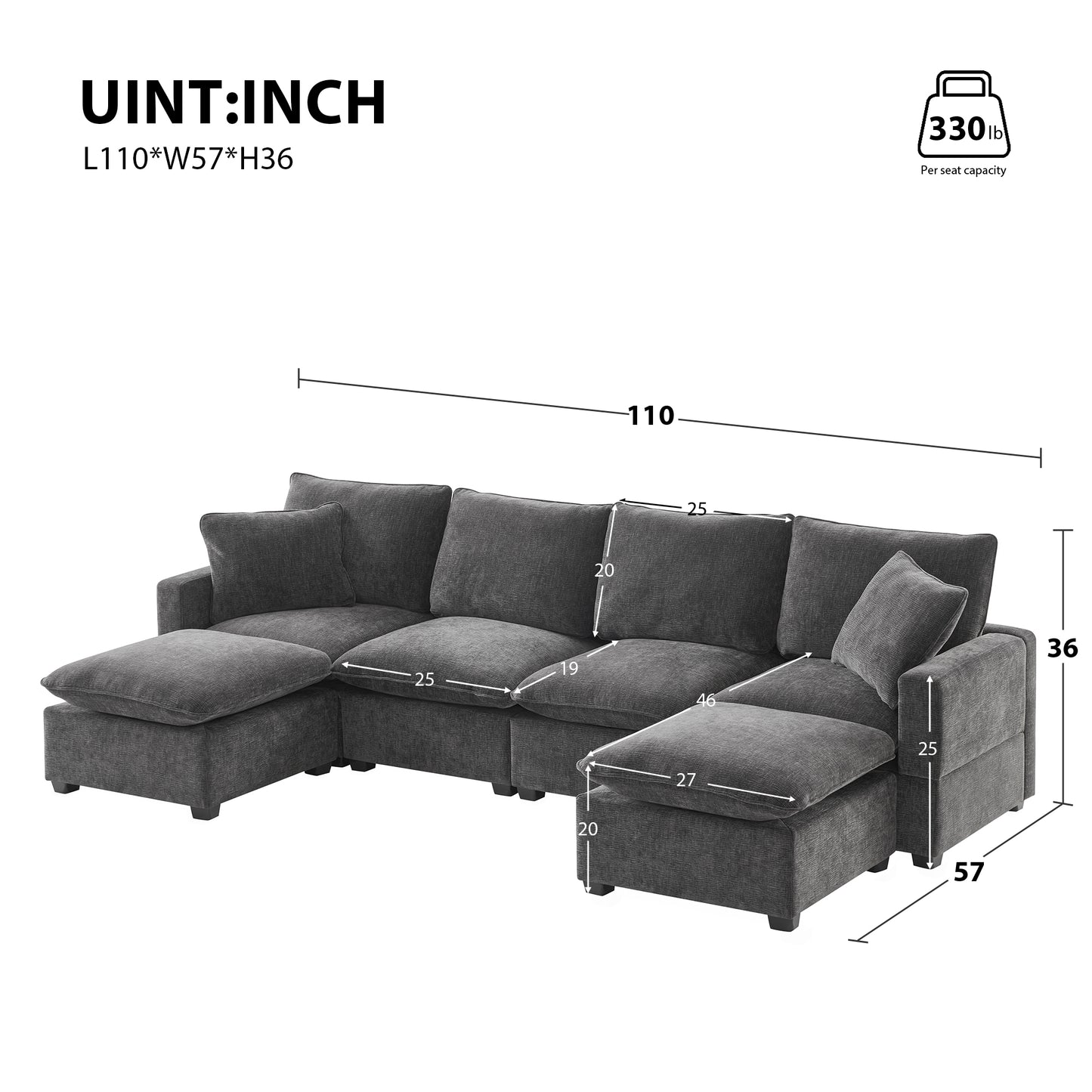 Dark gray upholstered sectional sofa with chaise lounges  inches long