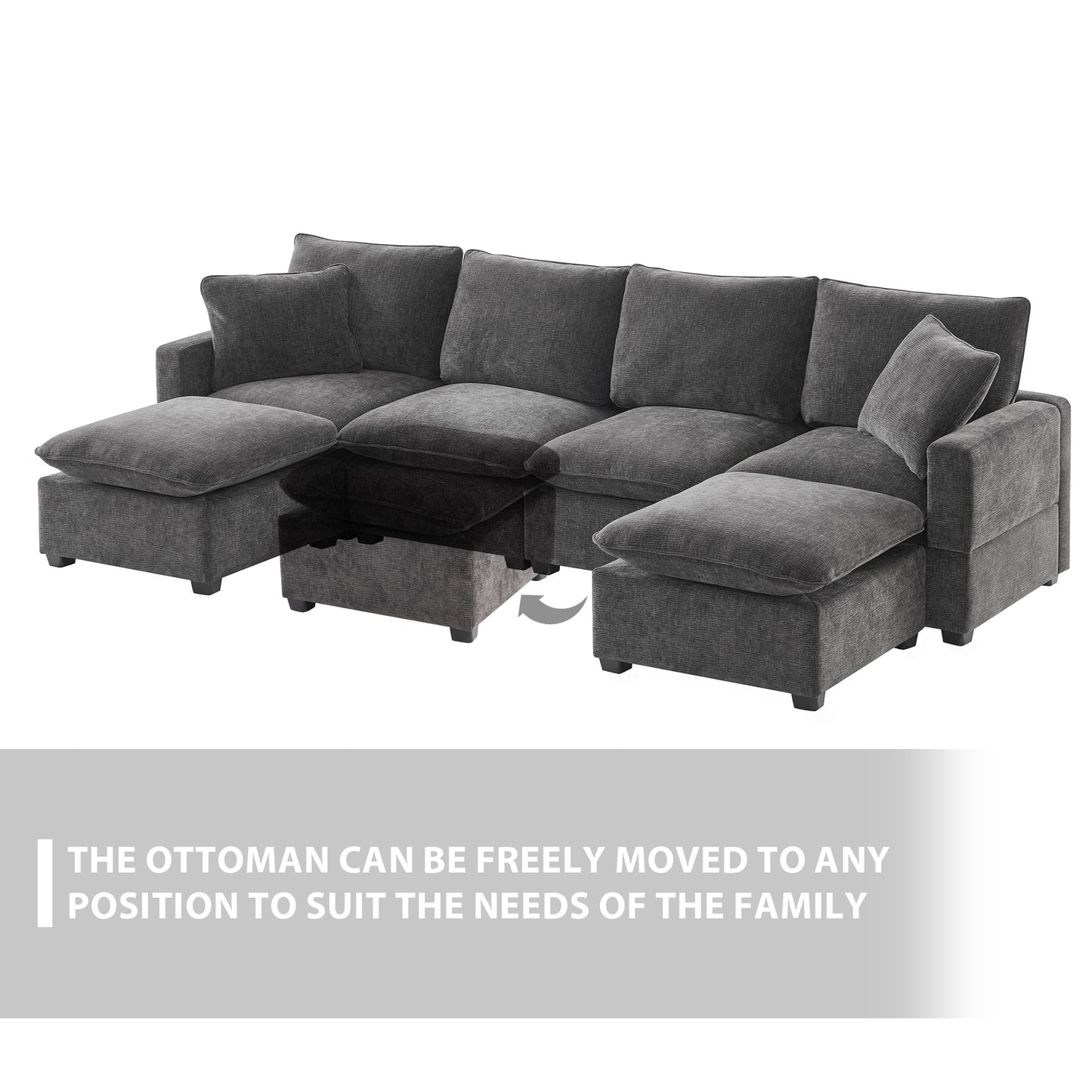Dark grey upholstered sectional sofa with movable ottoman and plush cushions