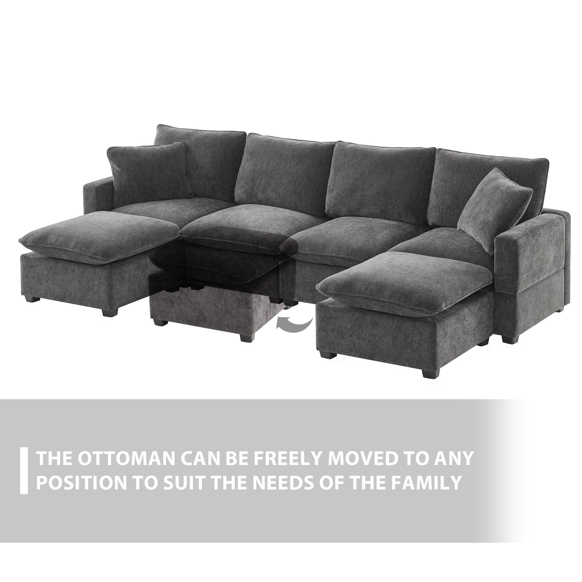 Dark grey upholstered sectional sofa with movable ottoman and plush cushions
