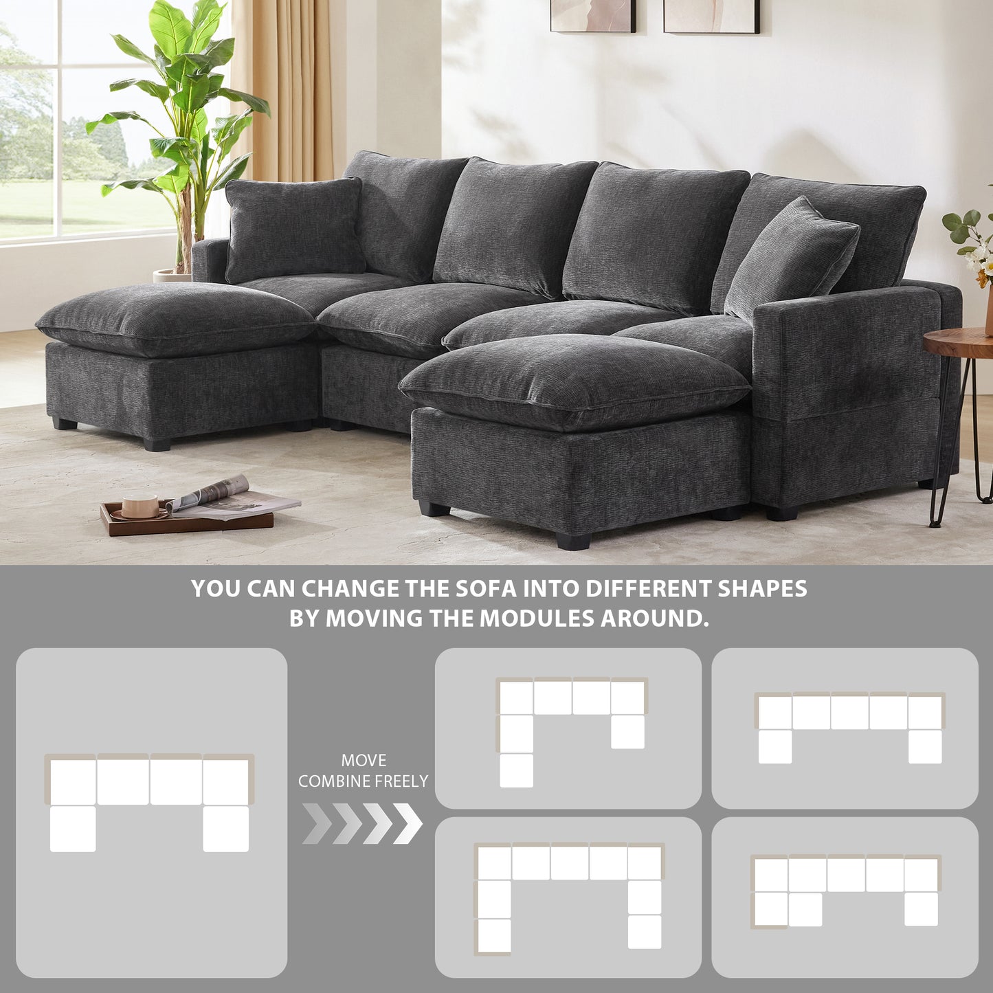 Dark gray fabric sectional sofa with plush cushions and modular configuration options