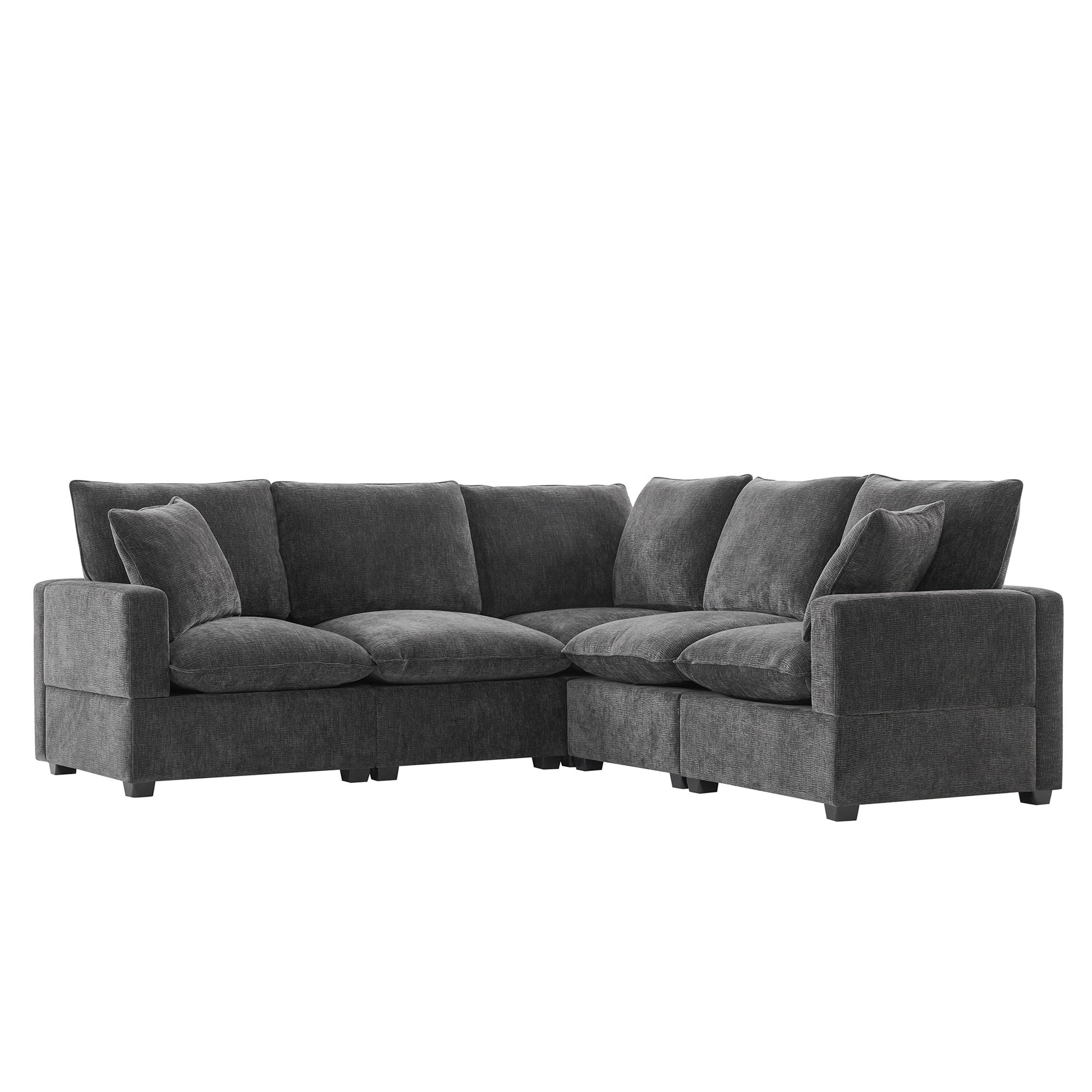 Dark gray plush sectional sofa with deep seats and square arms for living room comfort